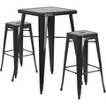 Flash Furniture Stone Commercial Grade 23.75" Square Blue Metal Indoor-Outdoor Bar Table Set with 2 Square Seat Backless Stools