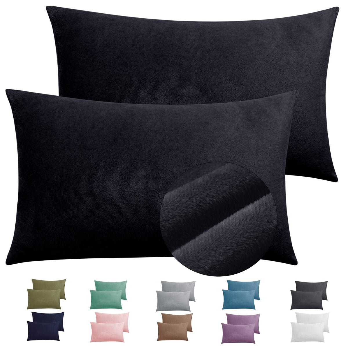 2 Pack Zippered Velvet King Pillowcases, Super Soft And Cozy Luxury Fuzzy Flannel Pillow Cases With Zipper, 20X36 Inches, Black