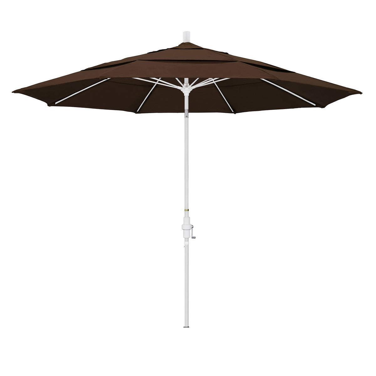California Umbrella 11' Rd. Fiberglass Rib Patio Umbrella, Crank Lift, Collar Tilt, White Pole, Mocha
