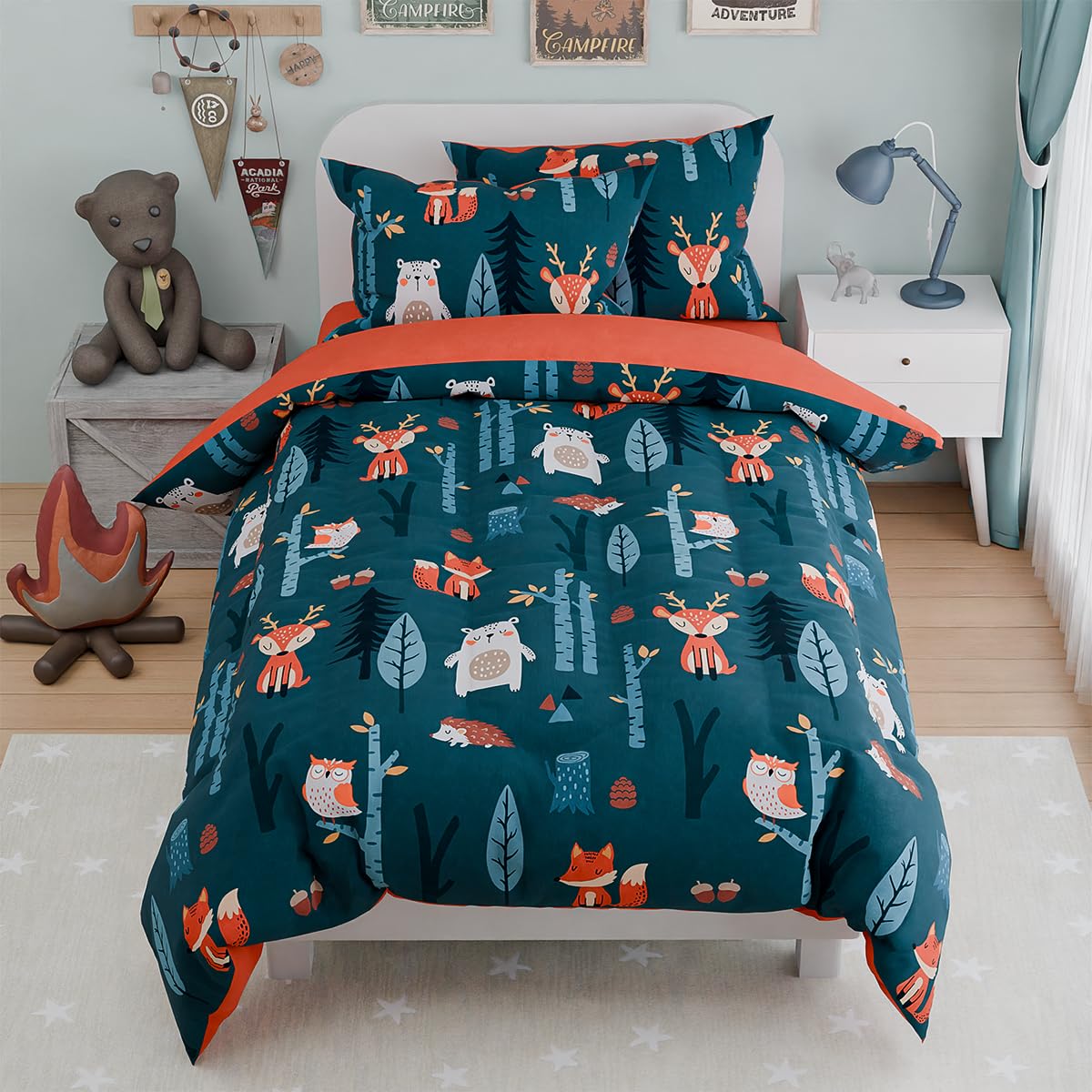 Woodland Animal Kids Bedding Set For Boys, Ultra Soft Microfiber Comforter Set Full Size 4-Pieces, Comforters Bed Sets For Kid T