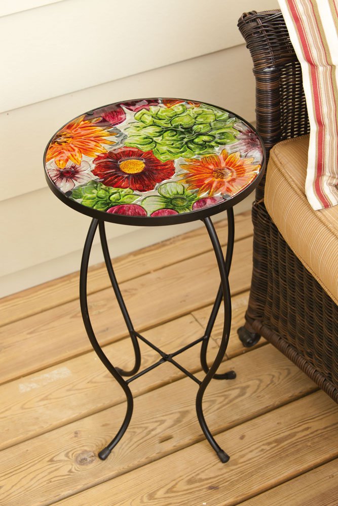 Evergreen Garden Outdoor-Safe Round Summer Splash Glass and Metal Side Table - 12 L x 12 W x 22 Indoor Outdoor Side Tables for Y