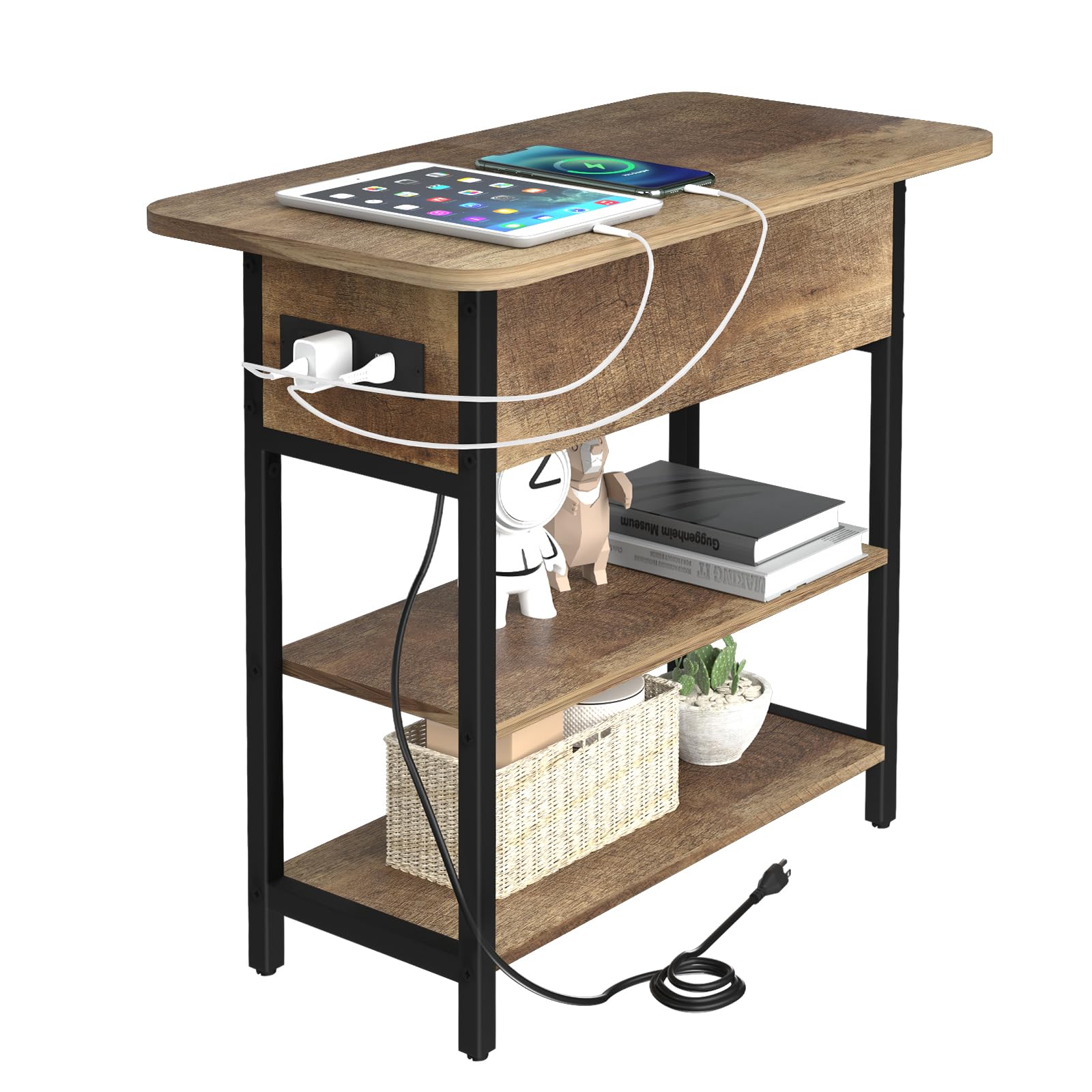 Yoobure End Table With Charging Station, Flip Top Side Table With Usb Ports And Outlets, Sofa Couch Table Bedside Table For Living Room Bedroom, Narrow Nightstand With Storage Shelves For Small Space