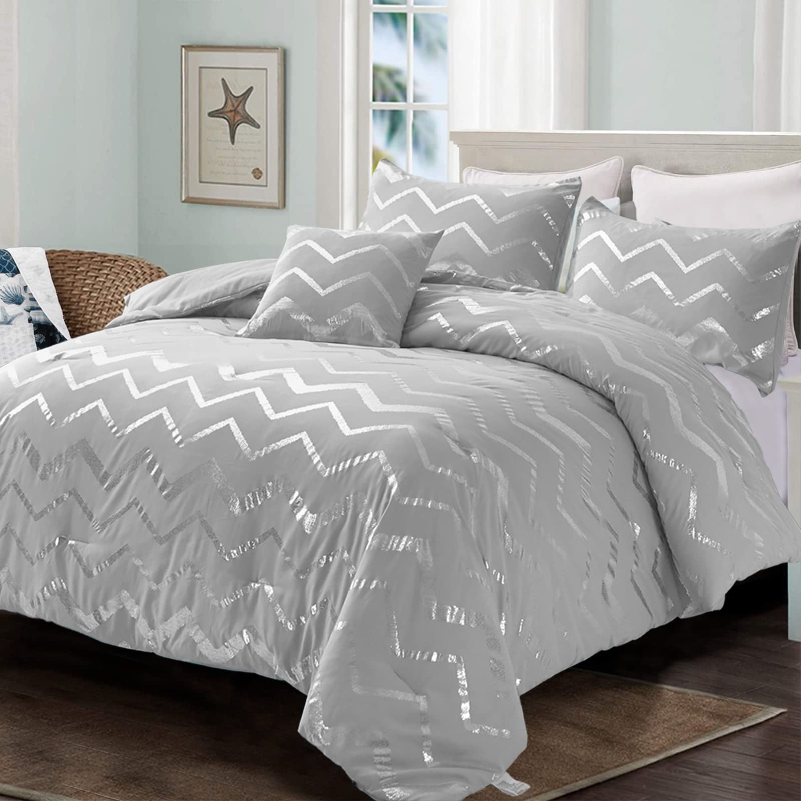 Menghomeus Grey And Silver Comforter Set Queen/Full Metallic Print Geometric Bedding Set, 4 Pieces Lightweight Microfiber Bed Se
