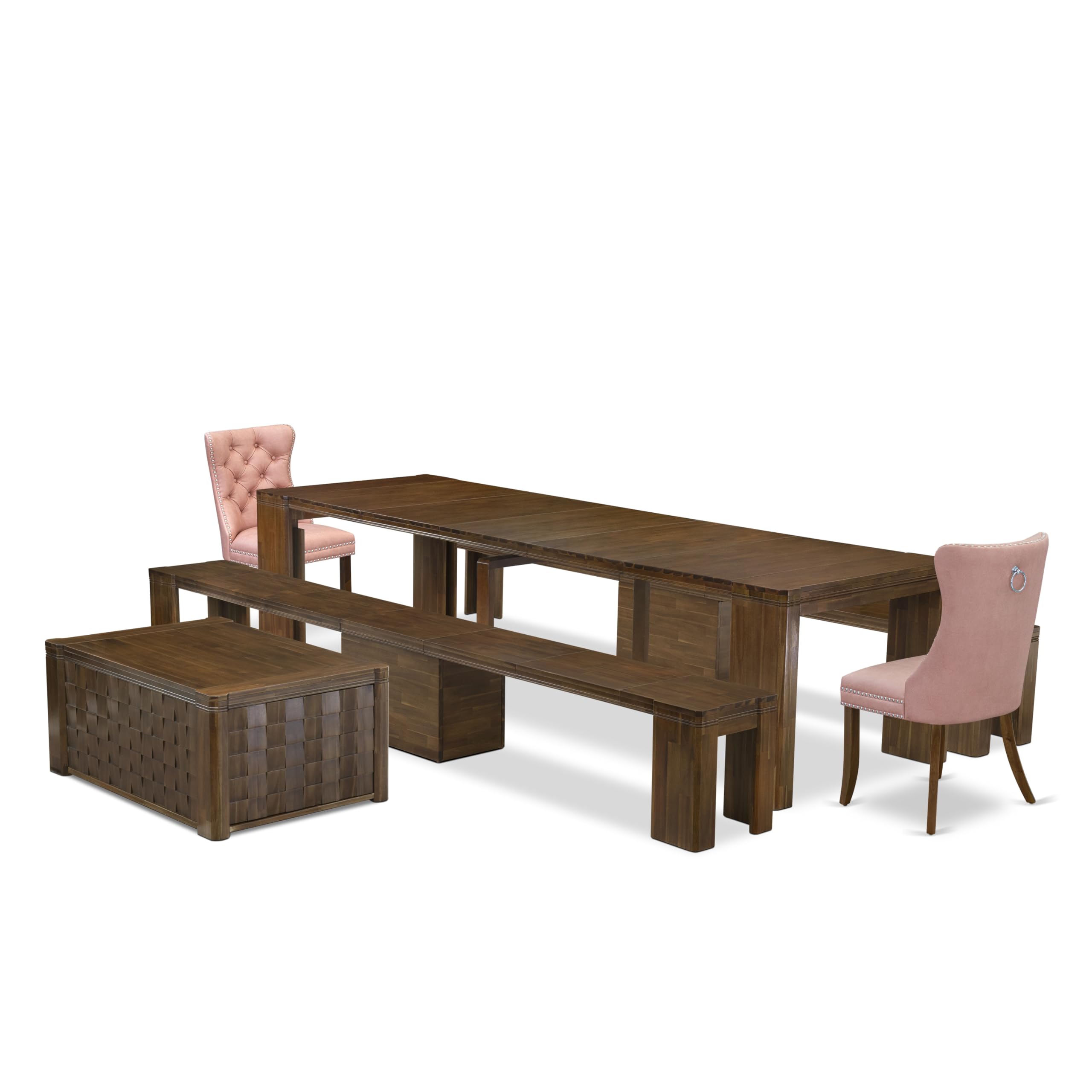 Luxe by East West Furniture - X02DA-2C8-23 - 6 Pieces Dining Room Set contains an Extendable Rectangle Kitchen Table, 1 Coffee Table, 2 Dining Chairs and 2 Modern Benches, 39x120 Inch, Antique Walnut