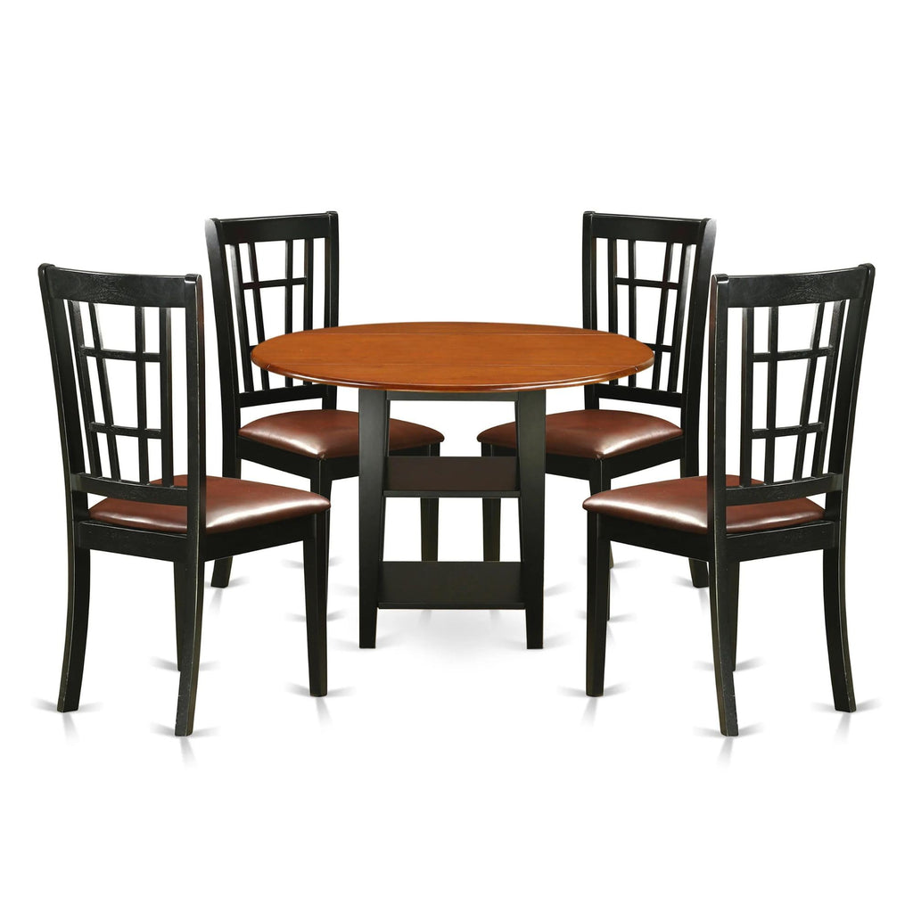East West Furniture SUNI5-BCH-LC 5 Piece Dining Table Set for 4 Includes a Round Kitchen Table with Dropleaf & Shelves and 4 Faux Leather Kitchen Dining Chairs, 42x42 Inch, Black & Cherry