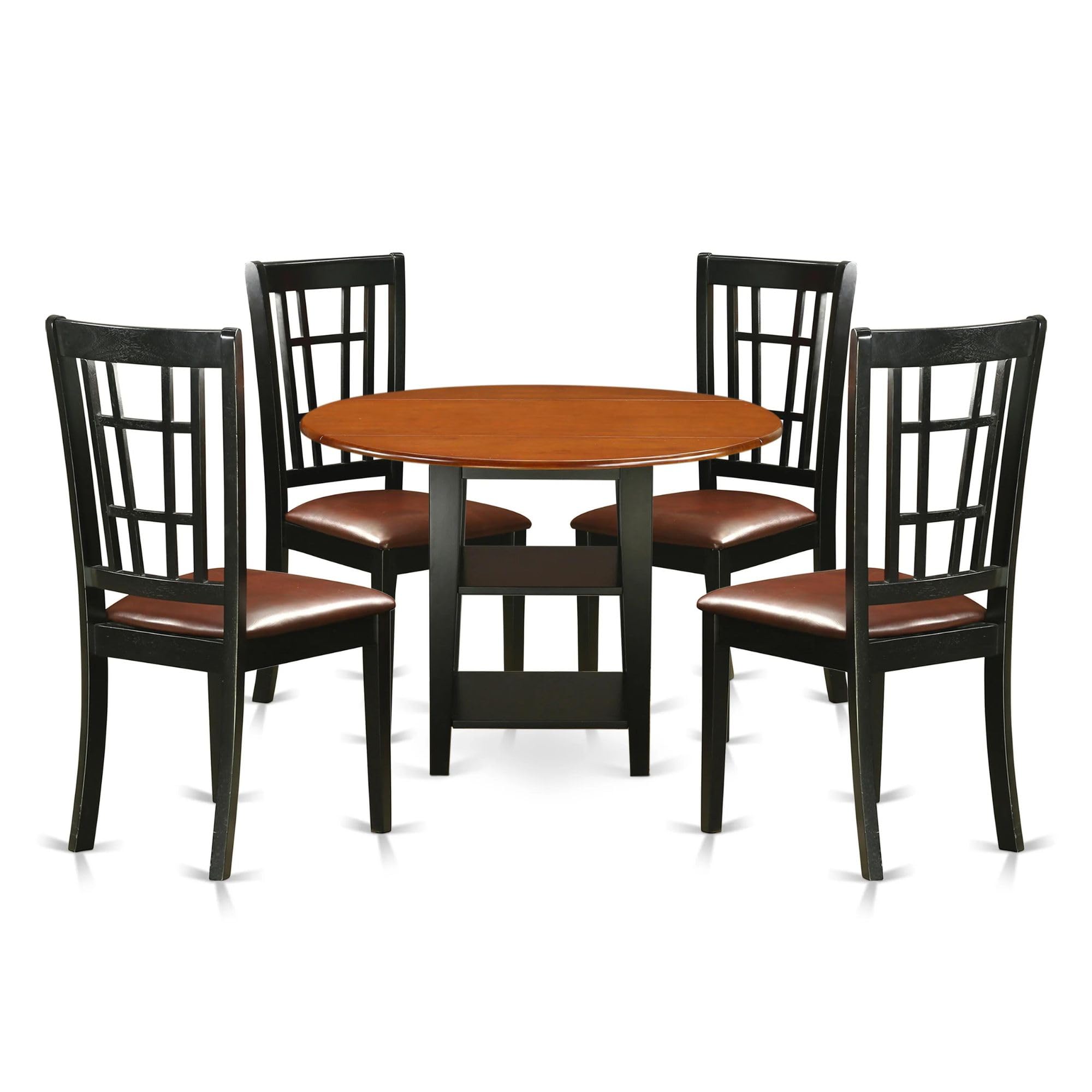 East West Furniture SUNI5-BCH-LC 5 Piece Dining Table Set for 4 Includes a Round Kitchen Table with Dropleaf & Shelves and 4 Faux Leather Kitchen Dining Chairs, 42x42 Inch, Black & Cherry