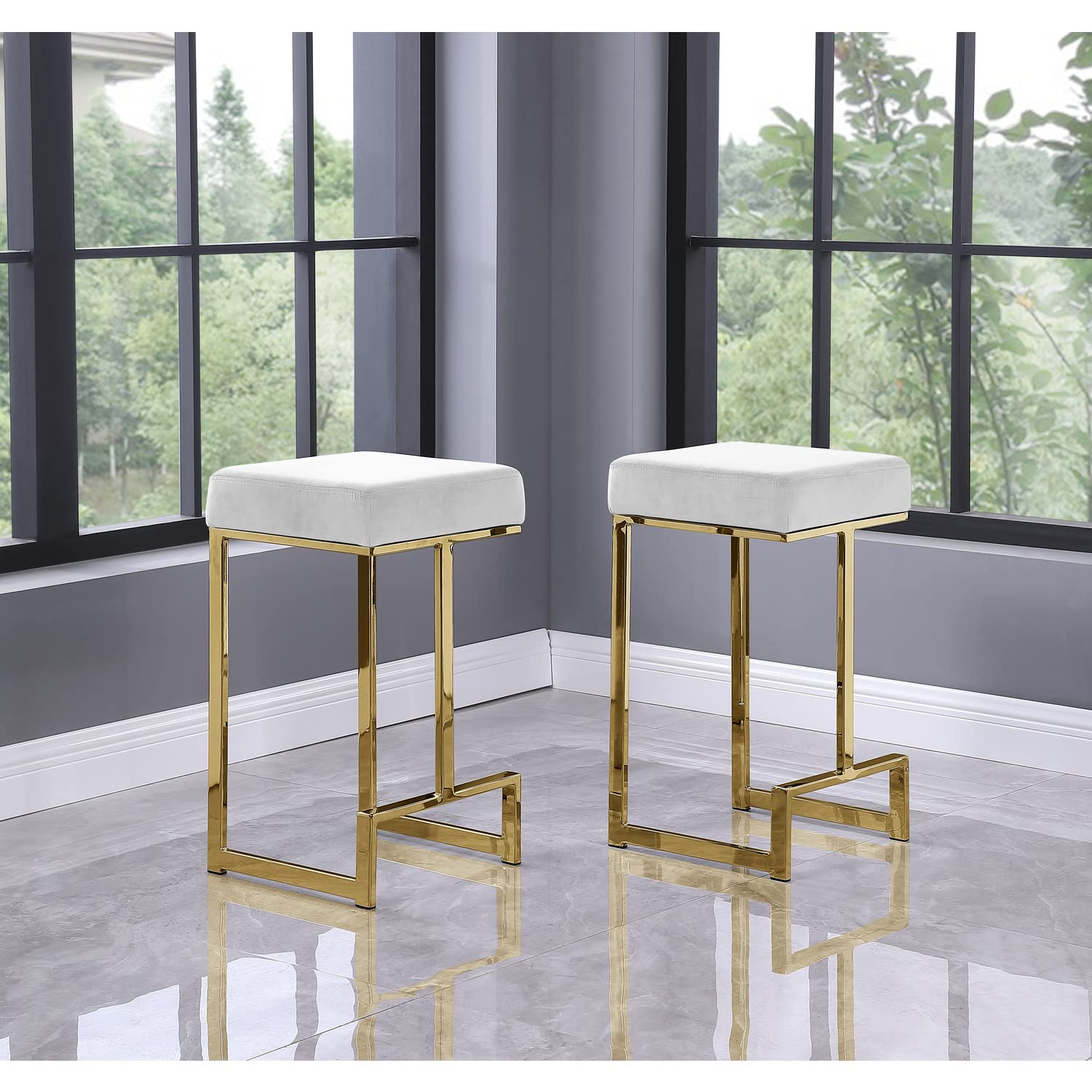Best Master Furniture Dorrington Velvet Backless Counter Height Stool in White/Gold (Set of 2)