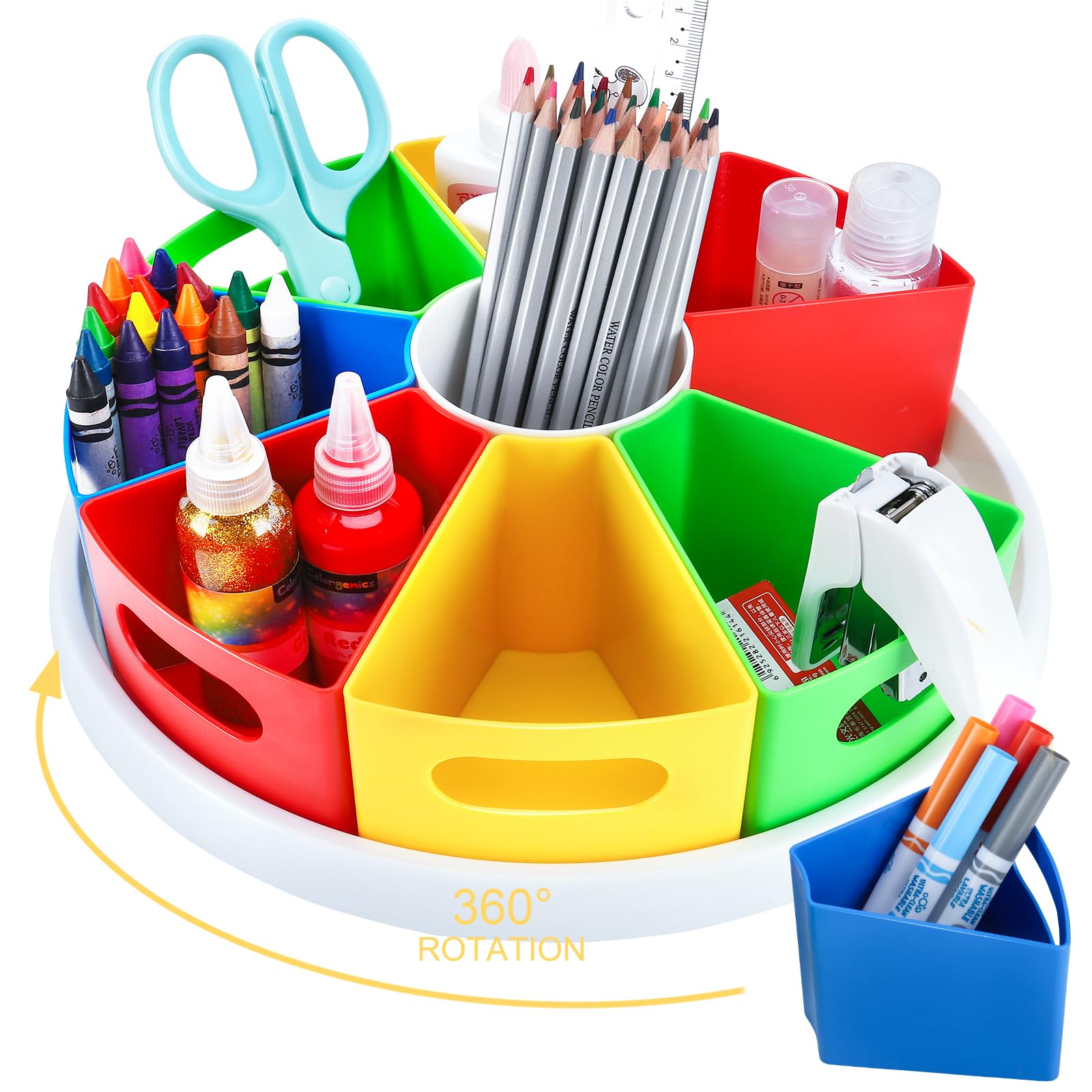 360 Degree Rotating Kids Desk Organizer, Colorful Art Supply Storage and Organization with 8 Removable Compartments, 12 Durable 