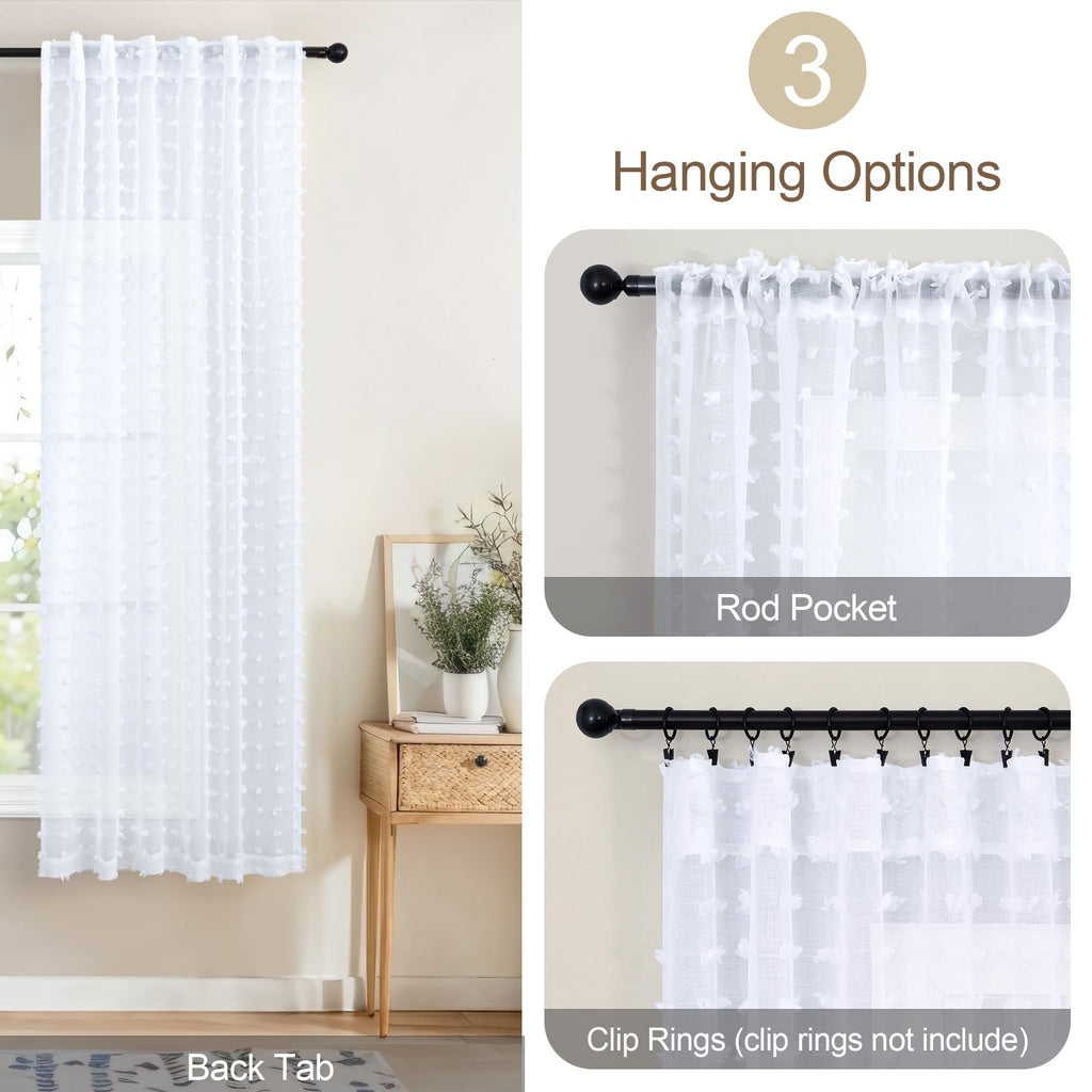 Dancurton White Semi Sheer Curtains 63 Inch Length 2 Panels For Bedroom Back Tab White Pom Pom Tufted Curtains Farmhouse Boho Sh