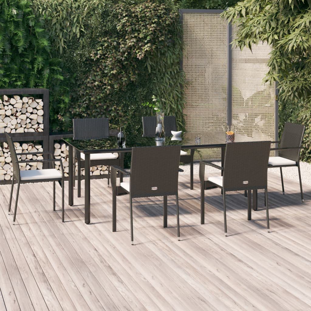 vidaXL 7 Piece Patio Dining Set with Cushions Black Poly Rattan
