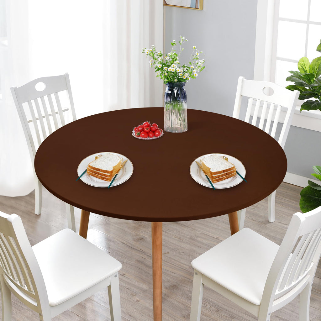 Newisher Round Fitted Table Cover Spandex Stretch Tablecloth Brown Table Top Cover With Elastic Edged For Dining Picnic Patio 60 Inch