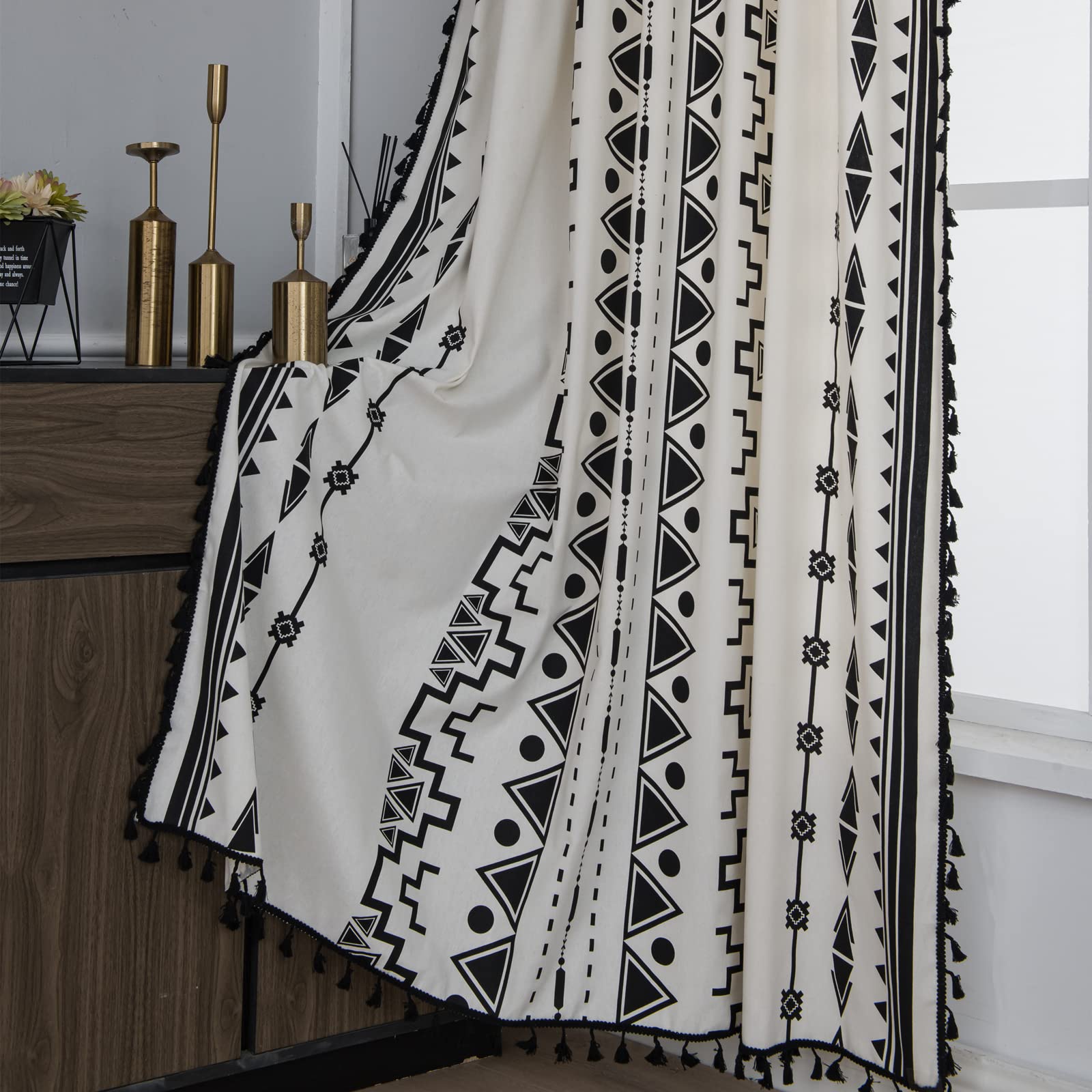 Sutuo Home Black And White Boho Curtain 84 Inches Length For Bedroom, Printed Cotton Linen Geometric Rod Pocket Chic Semi Blacko