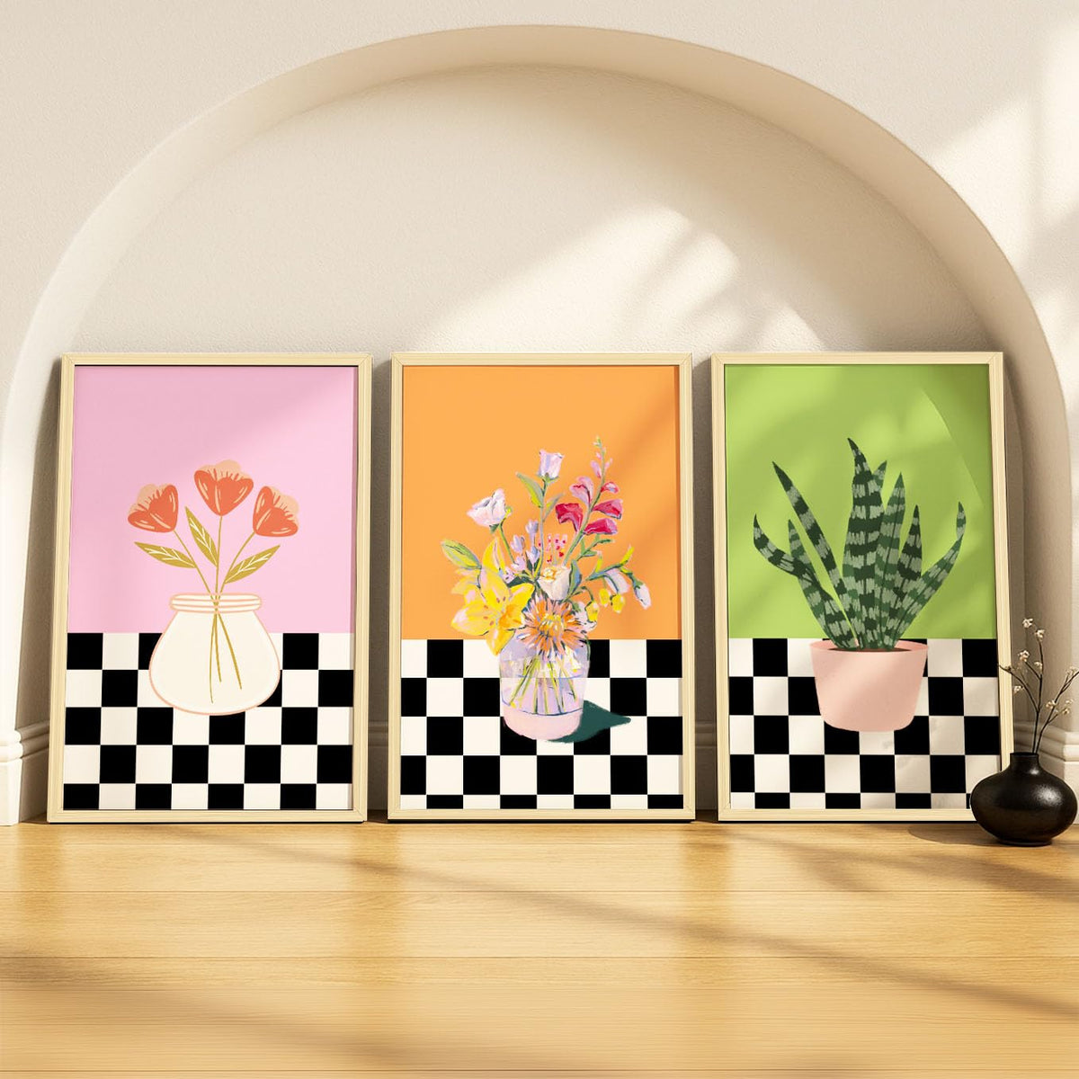 SoulAbiti Checkerboard florals set of 3 Framed Wall Print 12x18 inch Light Brown Frame PlexiGlass Aesthetic Art ready to hang f