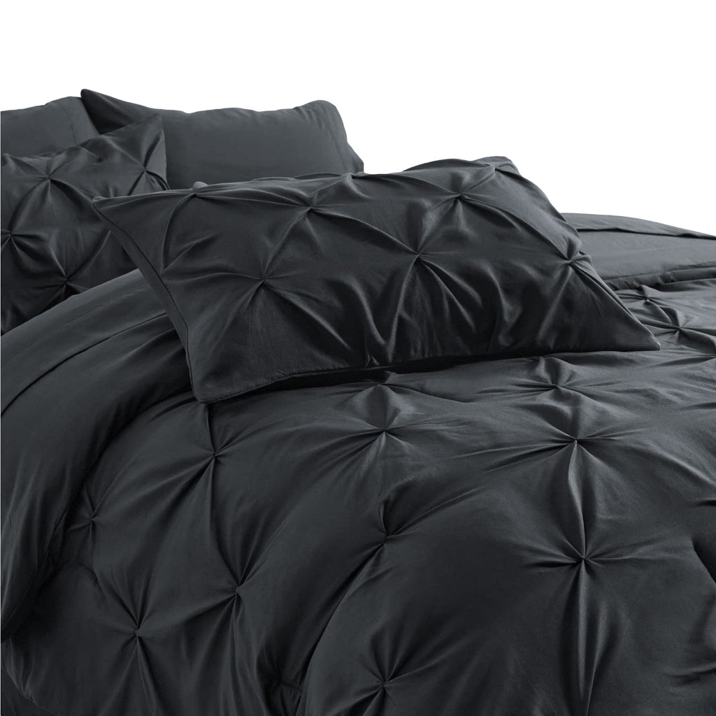 Bedsure Black Comforter Set Queen - Bed In A Bag Queen 7 Pieces, Pintuck Bedding Sets Black Bed Set With Comforter, Sheets, Pill