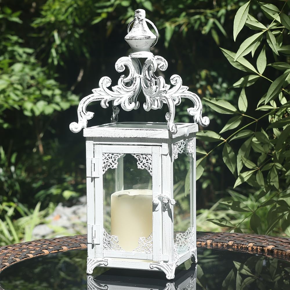 DECORKEY Large Candle Lantern, Decorative Hanging Lantern, Vintage Metal Tabletop Lantern for Outdoor Patio Rustic Home Decor, C