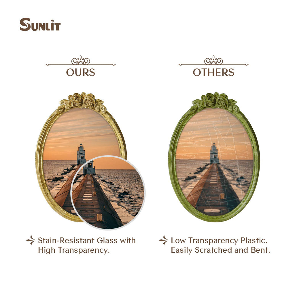 Sunlit Vintage Picture Frame 5X7 Inch, Oval Antique Photo Frames With Glass Front, Luxury Photo Display, Tabletop Wall Hanging,