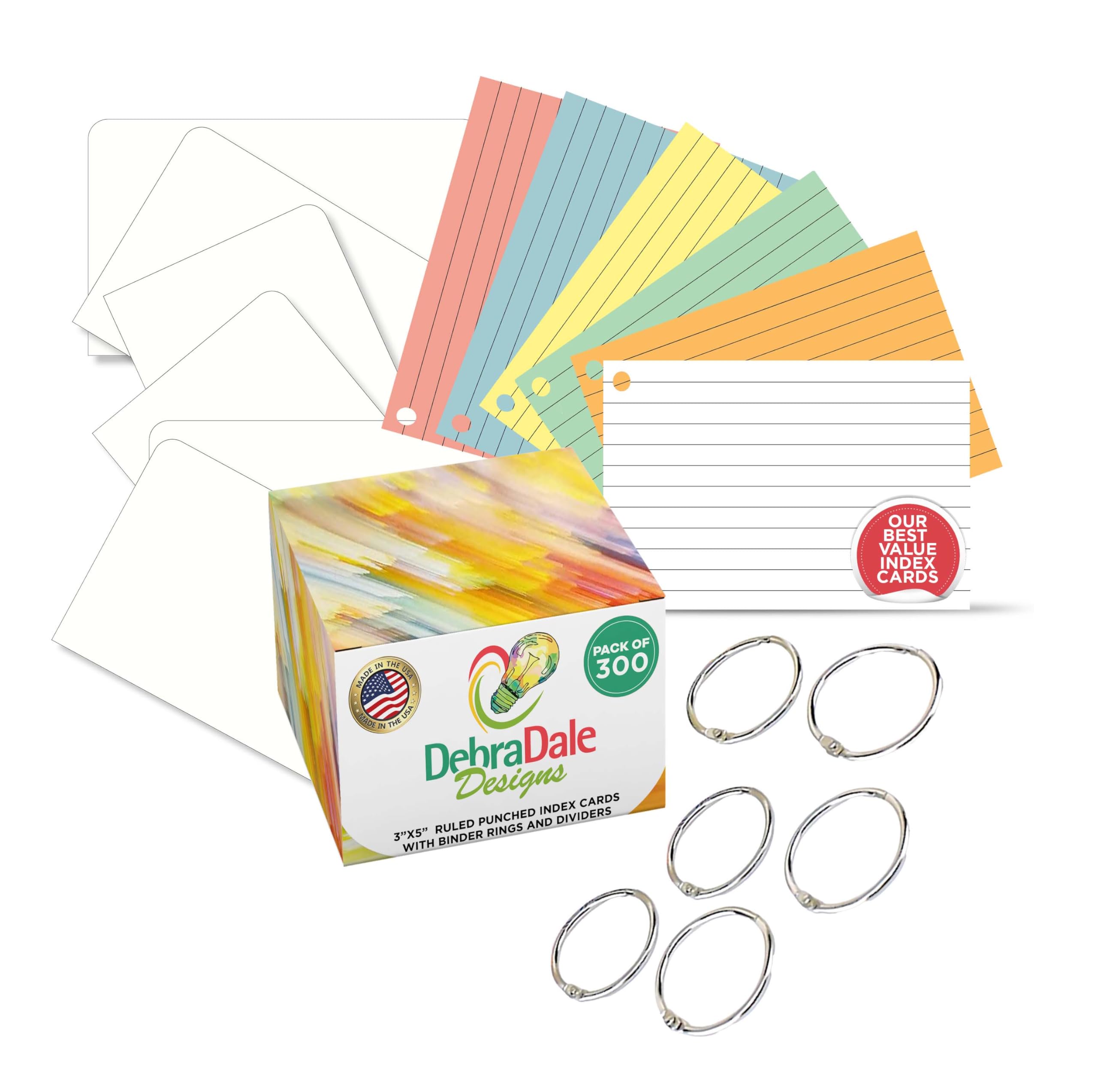 Debra Dale Designs Best Value Ruled Note Cards With Rings - 300-Pack 3'X5' - 6 Colors In Secure Storage Box - Made In Usa