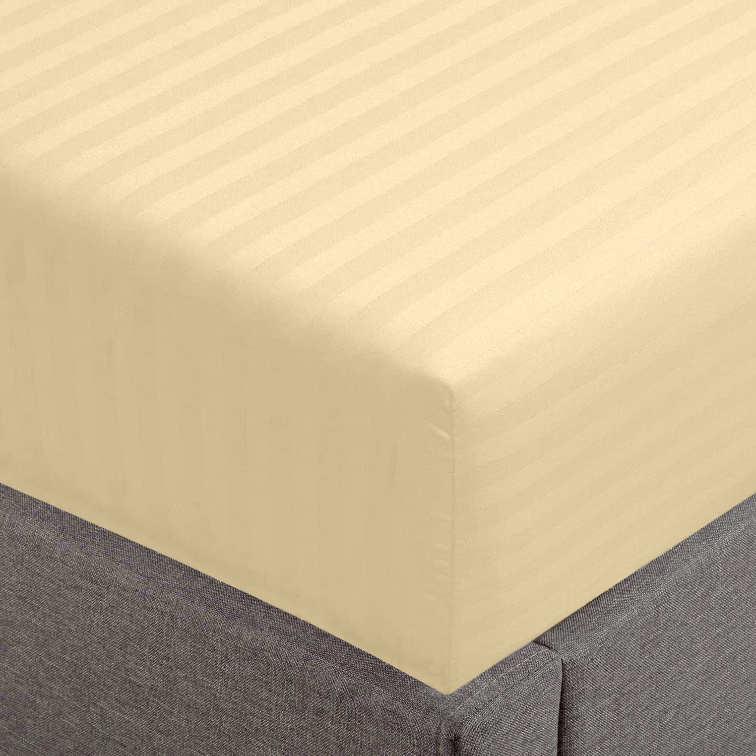 Feather & Stitch 100% Cotton 1 Piece Damask Stripe Twin Fitted Sheet 500 Thread Count Semolina 18' Extra Deep Pocket Luxury Sateen Weave Stretchable Boxer Elastic Fits Mattress Perfectly