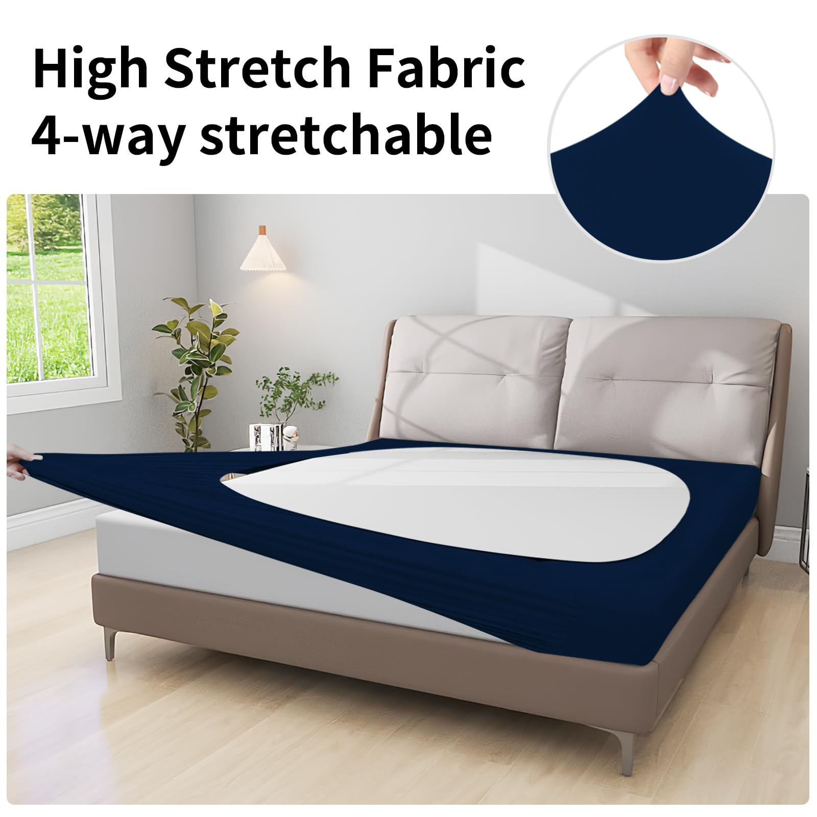 Easy-Going Box Spring Cover King/C-King Size, 4 Way Stretch Smooth And Elastic Wrap Around Band 4 Sides Bed Skirt, Navy