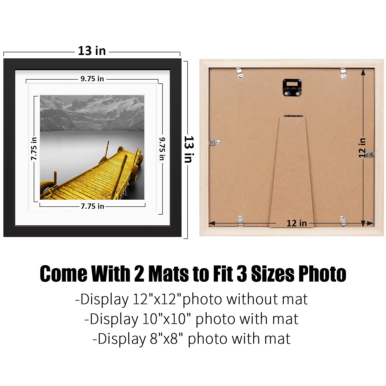 12X12 Picture Frames Black Made Of Solid Wood Display Pictures 10X10 Or 8X8 With Mat Or 12X12 Without Mat - Each 12X12 Inch Squa