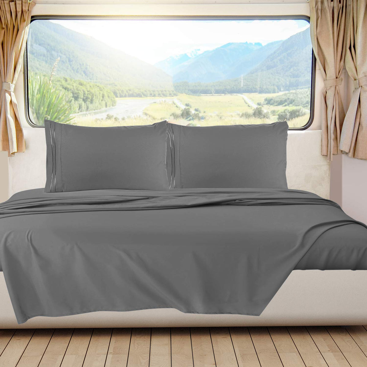 Nestl Grey Rv Queen Sheets - Super Soft Rv Short Queen Sheets For Rv Camper, 4 Piece 1800 Microfiber Fitted Rv Sheets, Double Br