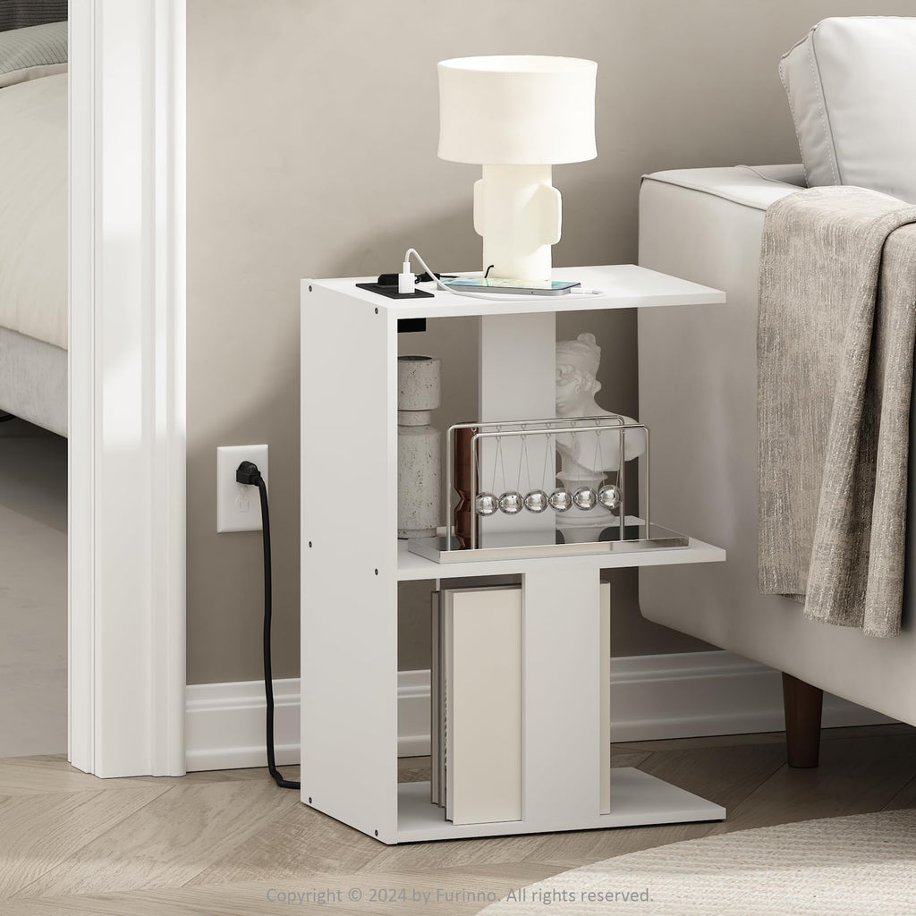 Furinno Boyate Open Storage Sofa Side Table, End Table with USB and Type-C Charging Port, White