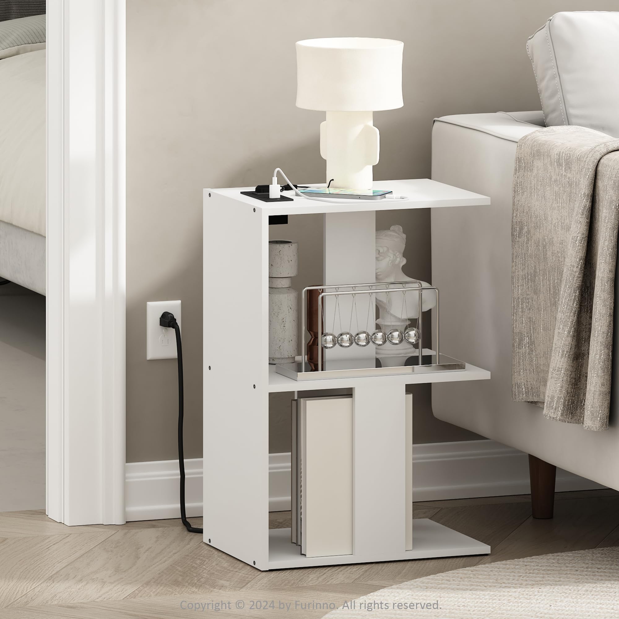 Furinno Boyate Open Storage Sofa Side Table, End Table with USB and Type-C Charging Port, White