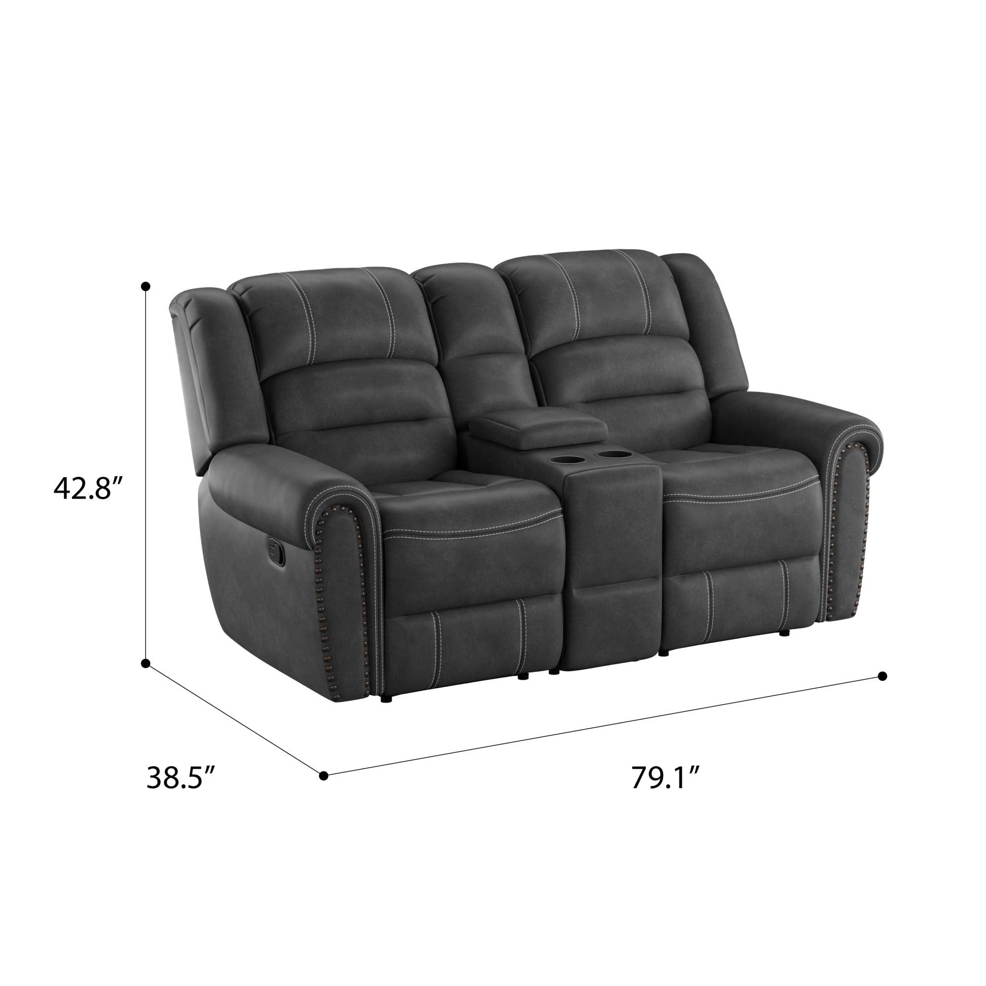 Madrona Burke Mason Slate Gray Reclining Console Loveseat with Contrast Stitching