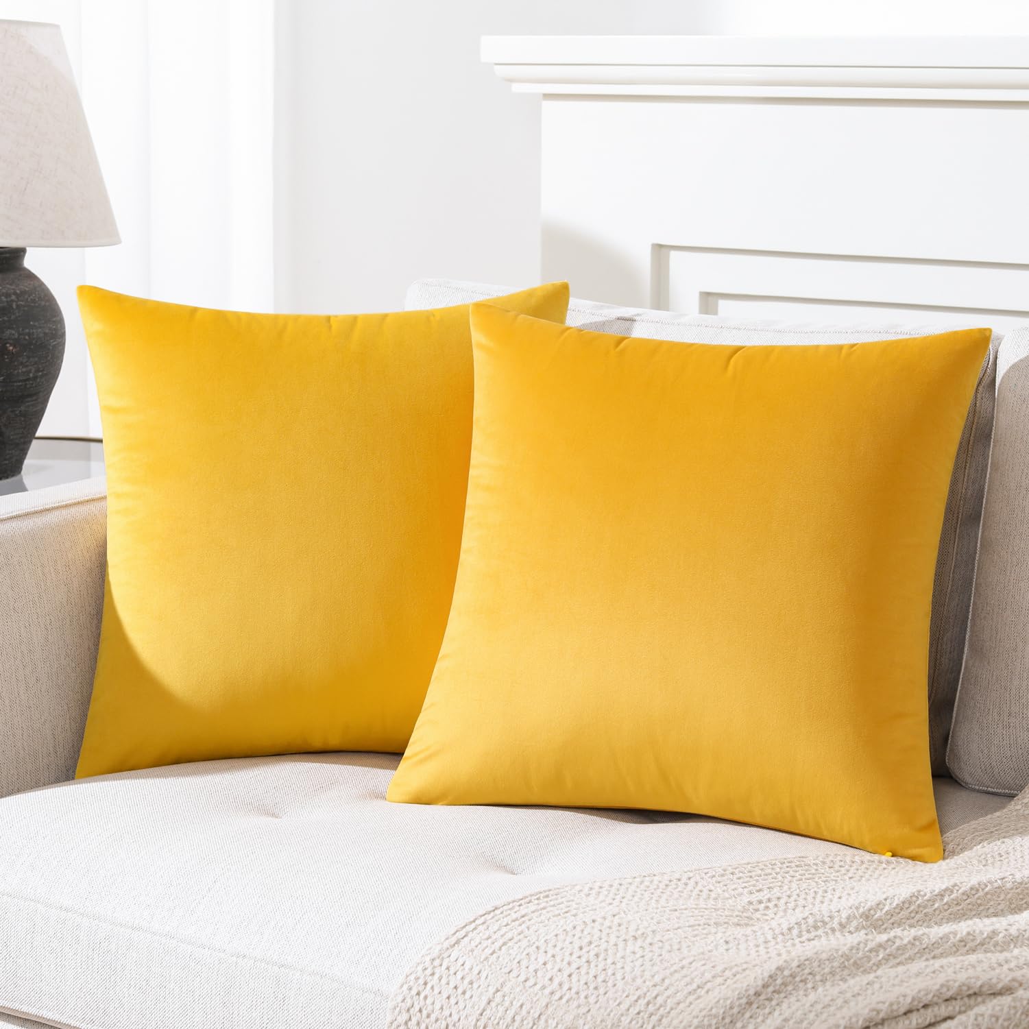 Mixhug Decorative Throw Pillow Covers, Velvet Cushion Covers, Solid Throw Pillow Cases For Couch And Bed, Mustard Yellow, 26 X 2