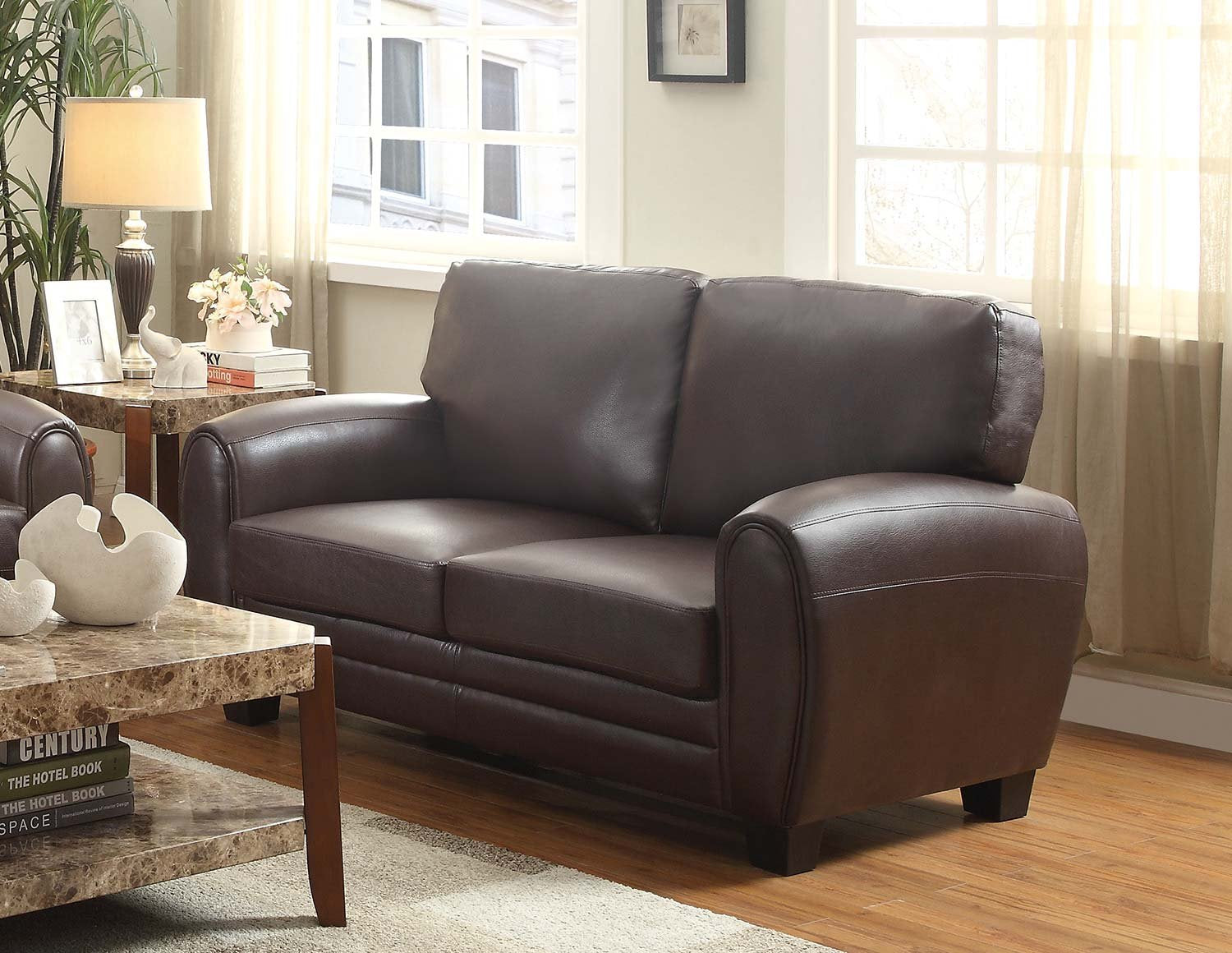 Benjara Benzara Leather Upholstered Love Seat with Tapered Feet, Dark Brown,
