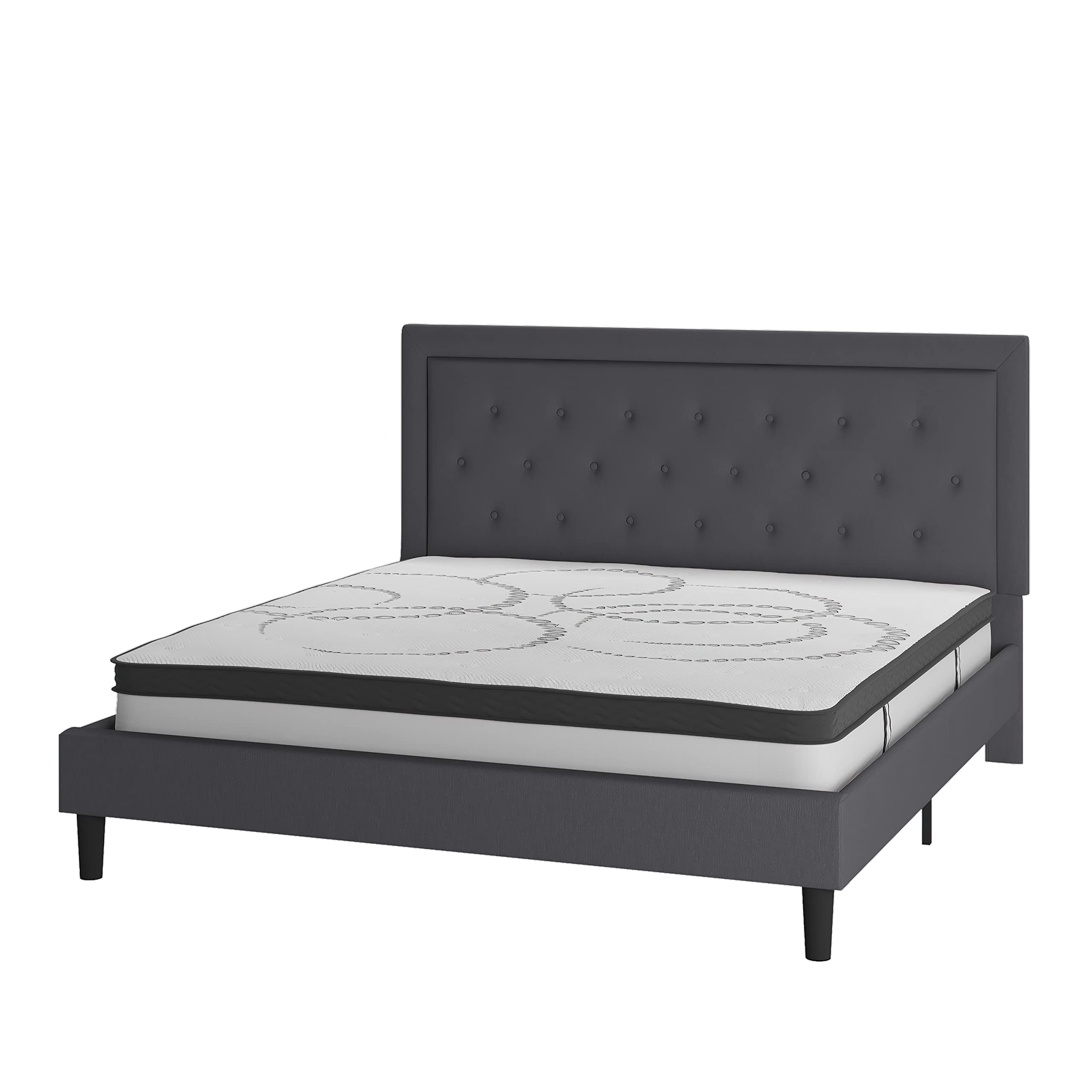 Flash Furniture Roxbury King Size Tufted Upholstered Platform Bed In Dark Gray Fabric With 10 Inch Certipur-Us Certified Pocket Spring Mattress