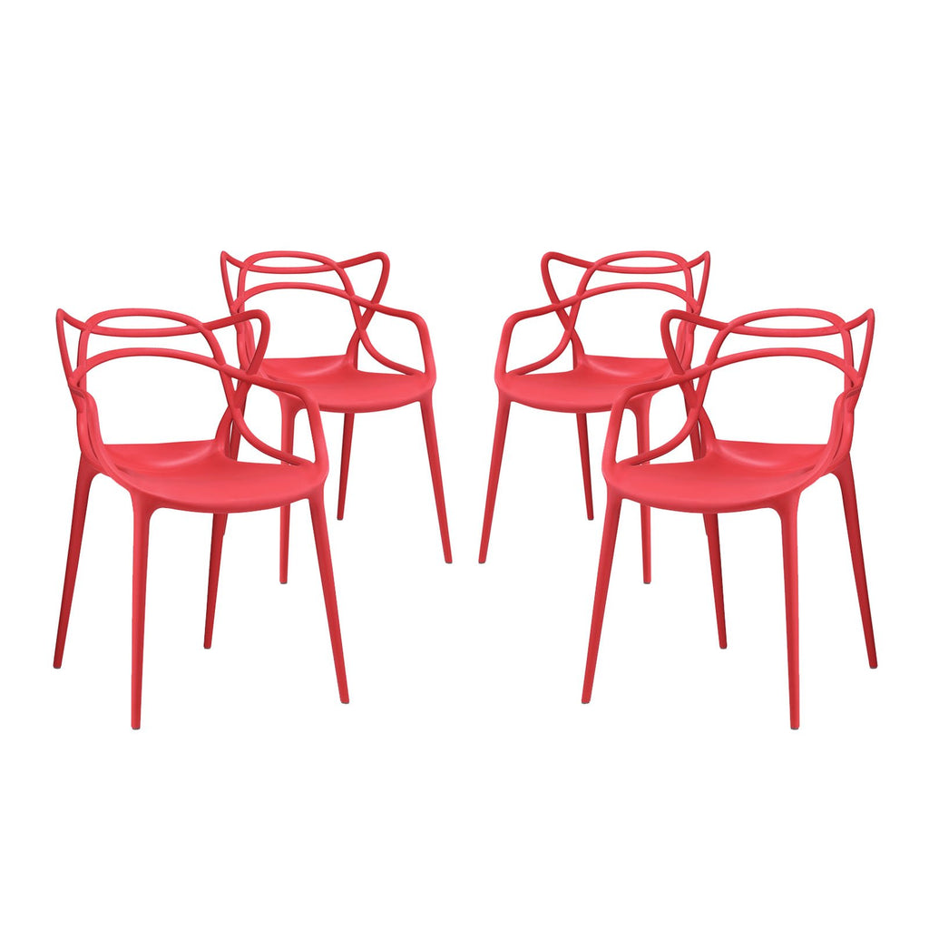 Modway Entangled Modern Molded Plastic Four Dining Armchairs In Red