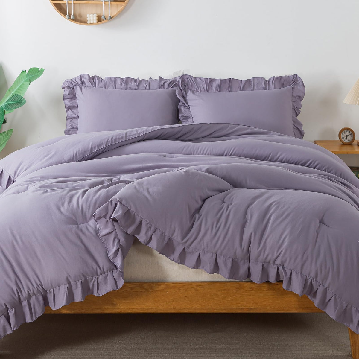 Andency Grayish Lavender Purple King Comforter Set, 3 Pieces Solid Ruffle Bedding Set & Collections, Lightweight Fluffy Soft Microfiber All Season Shabby Chic Bedding Set