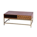 The Urban Port Kalyn 43-Inch Acacia Wood Coffee Table, Geometric Design Print, 1 Open Compartment, Natural Brown and Brass