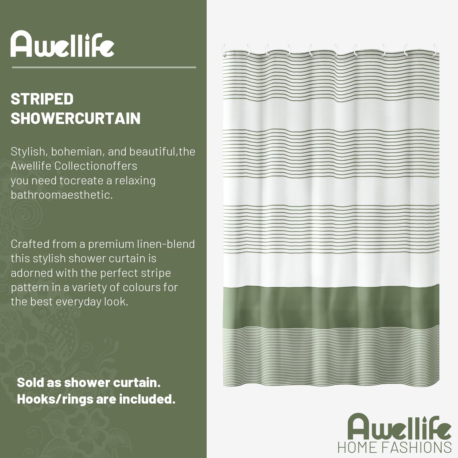 Awellife Sage Green Shower Curtain For Bathroom Boho Stripe Shower Curtain 72 X 72 Inches Farmhouse Linen