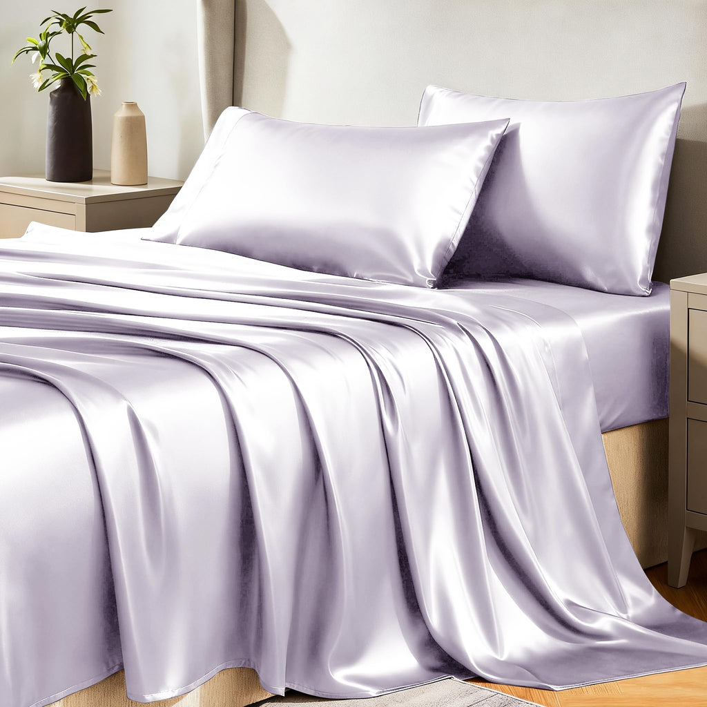 Cozylux Satin Sheets King Size - 4 Piece Taro Purple Bed Sheet Set With Silky Microfiber, 1 Deep Pocket Fitted Sheet, 1 Flat She