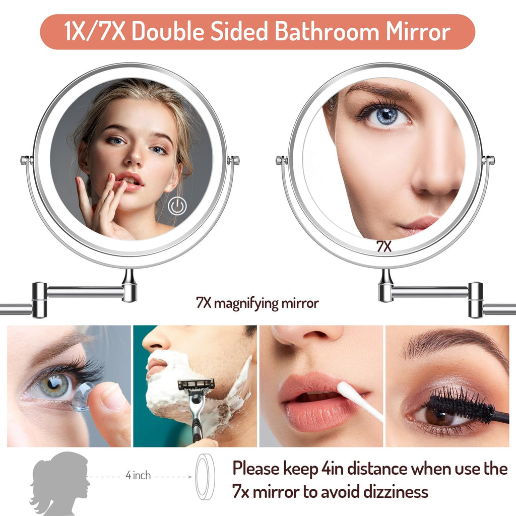 Rocollos Rechargeable Wall Mounted Lighted Makeup Mirror, 8 Inch Double-Sided Led Vanity Mirror 1X/7X Magnification,3 Color Ligh