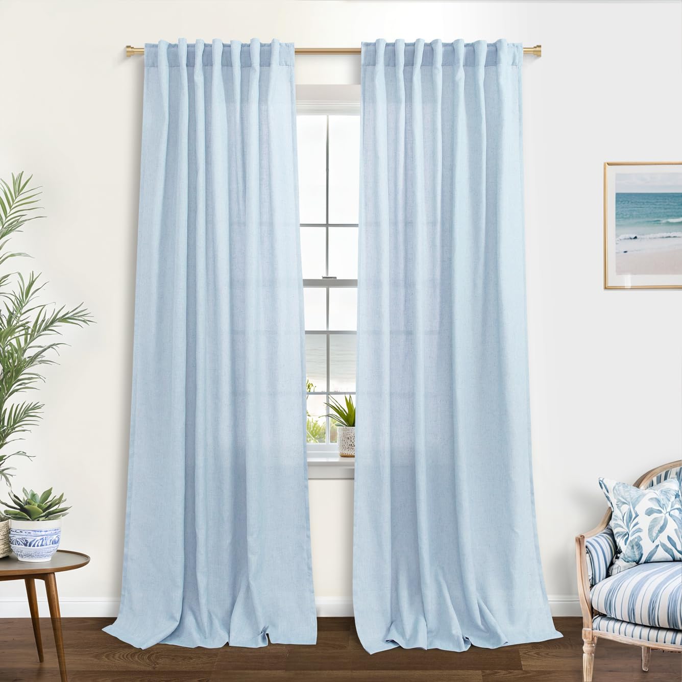 Koufall Light Blue Curtains For Bedroom Living Room 84 Inches Long,Sheer Linen Semi Light Filtering Back Tab Curtains 84 Inch Length 2 Panels Set