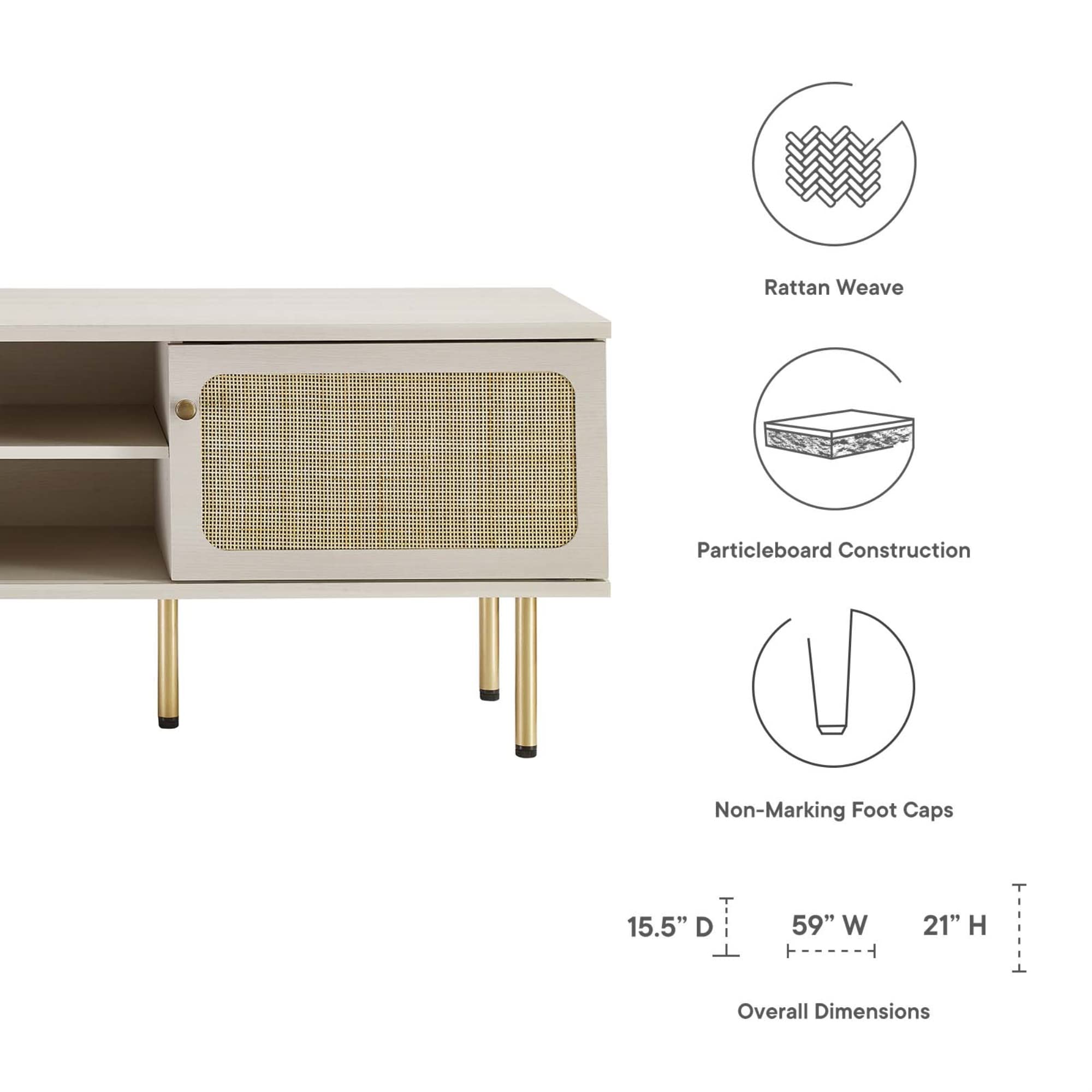 Modway Cambria Rattan and Particleboard TV Stand for TVs up to 60" in White