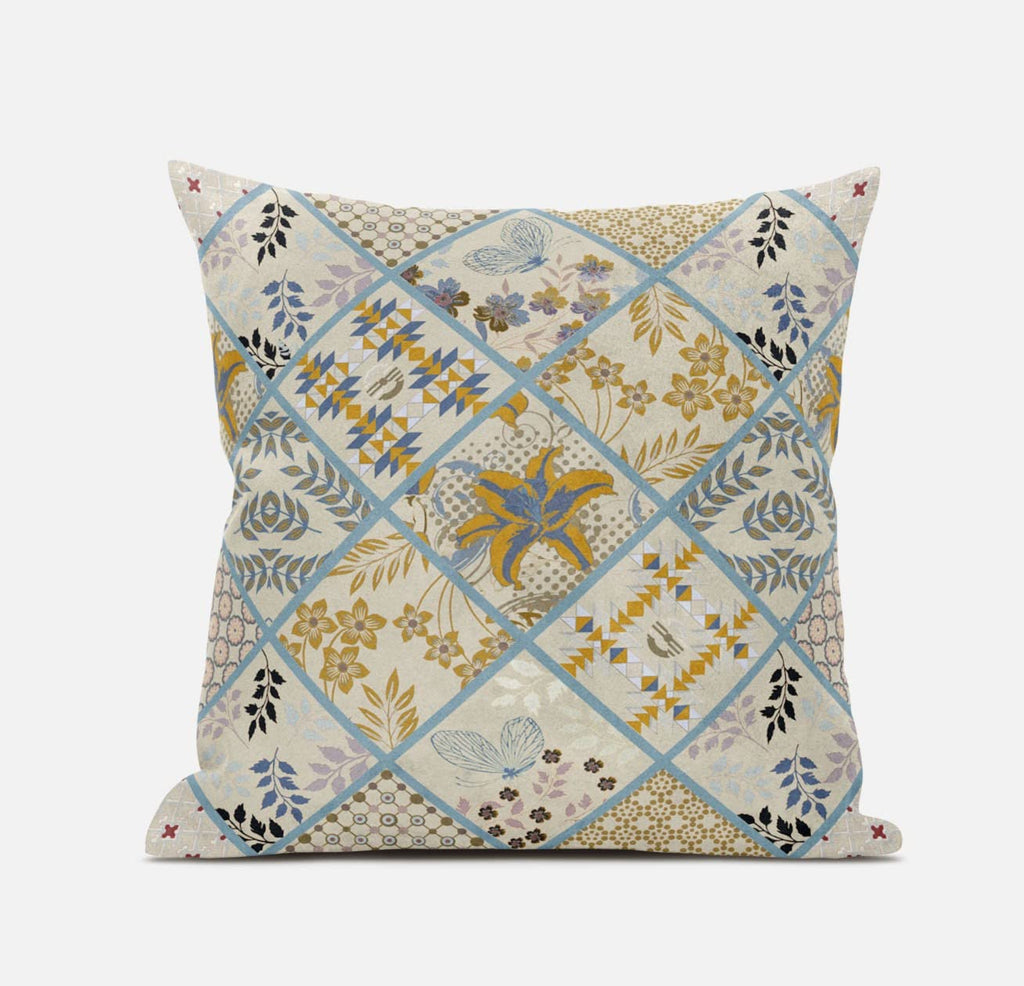 HomeRoots Gold Red White 16â€ Gold Cream Patch Suede Zippered Throw Pillow