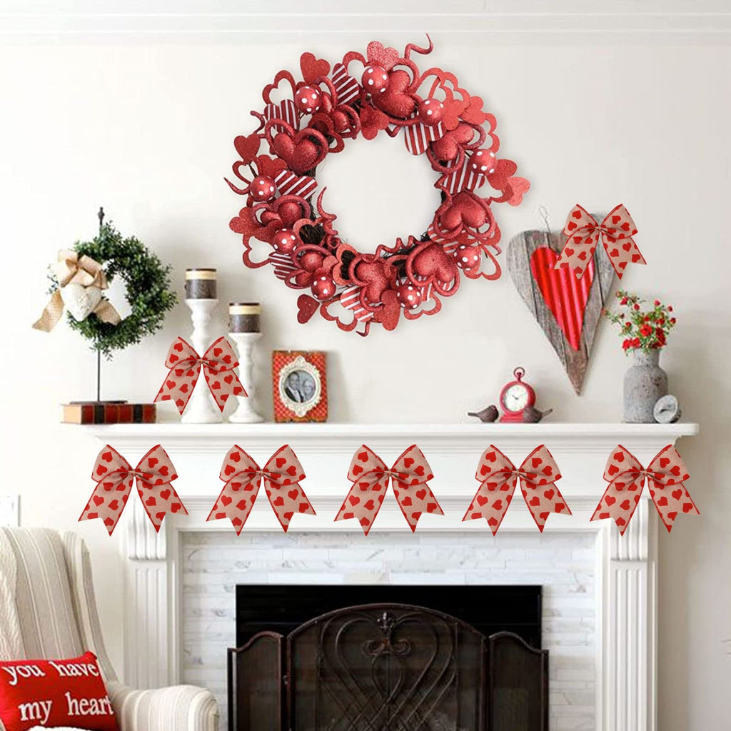 Meseey 12 Pcs 6 Inch Red Heart Printed Burlap Bows Decoration Bow For Valentine'S Day Gift Wrapping Party Holiday Basket Ornamen