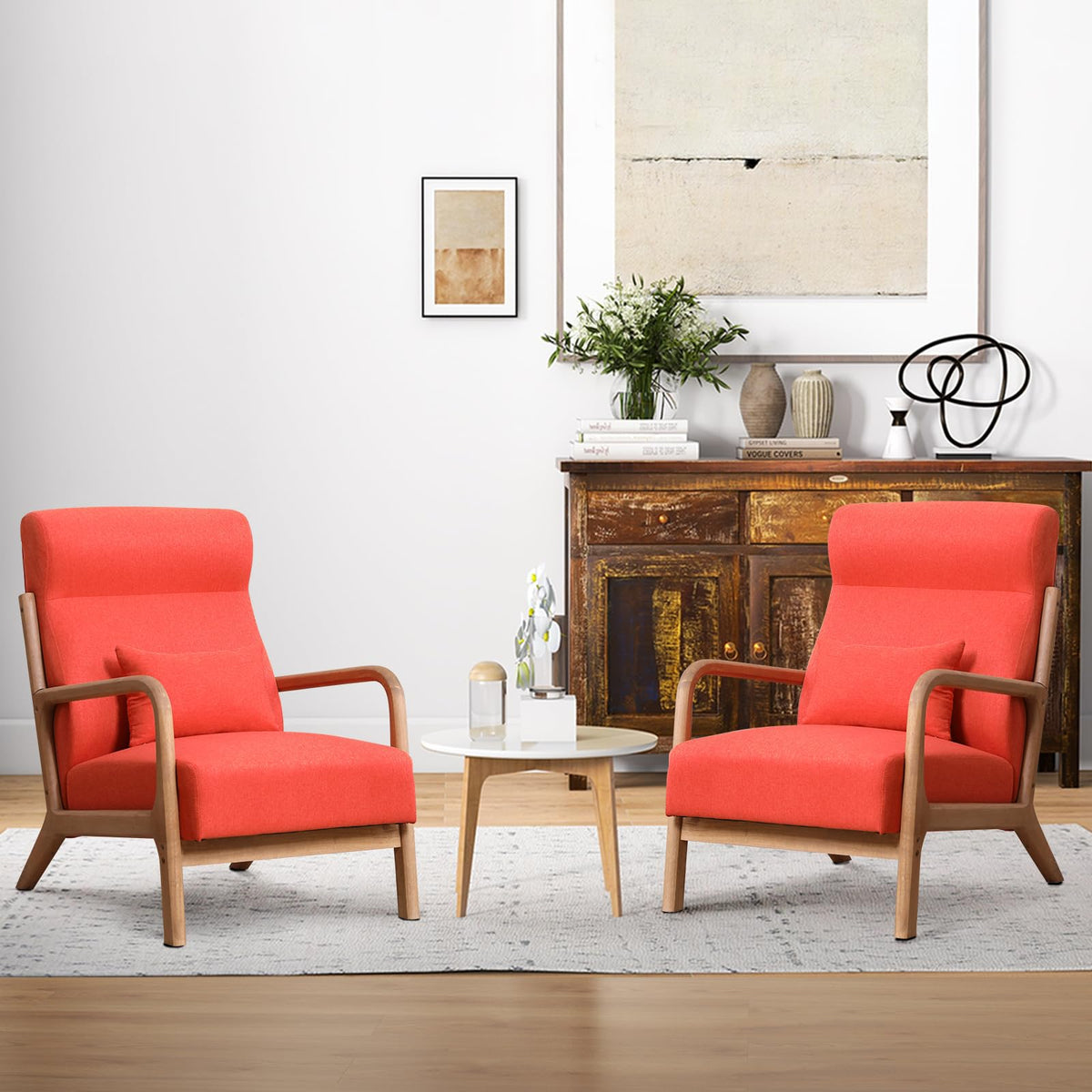 INZOY Mid Century Modern Accent Chair Set of 2, High Back Reading Armchair with Wood Frame, Upholstered Living Room Chairs with 