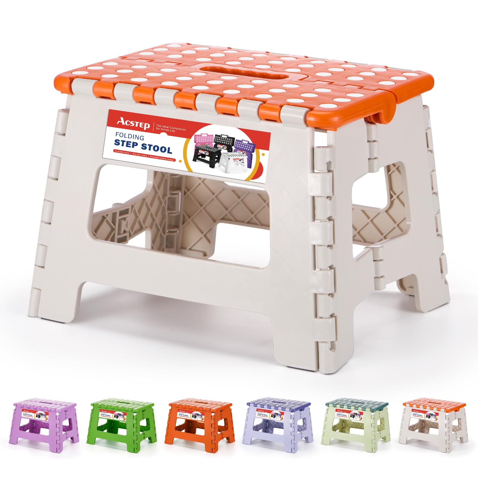 Acstep 9 Inch Folding Step Stool 300 Lb Capacity Plastic Foldable Step Stools For Kids And Adults, Folding Stool Suitable For Kitchen, Stepping Stool With Handle Bicolor Orange Small Step Stool 1Pc