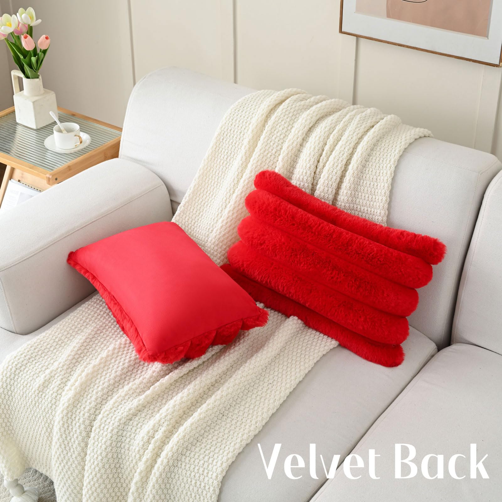 Futei Red Decorative Throw Pillow Covers 12X20 Inch Set Of 2, Square Soft Faux Rabbit Fur Big Striped Cushion Cover,Home Decor F