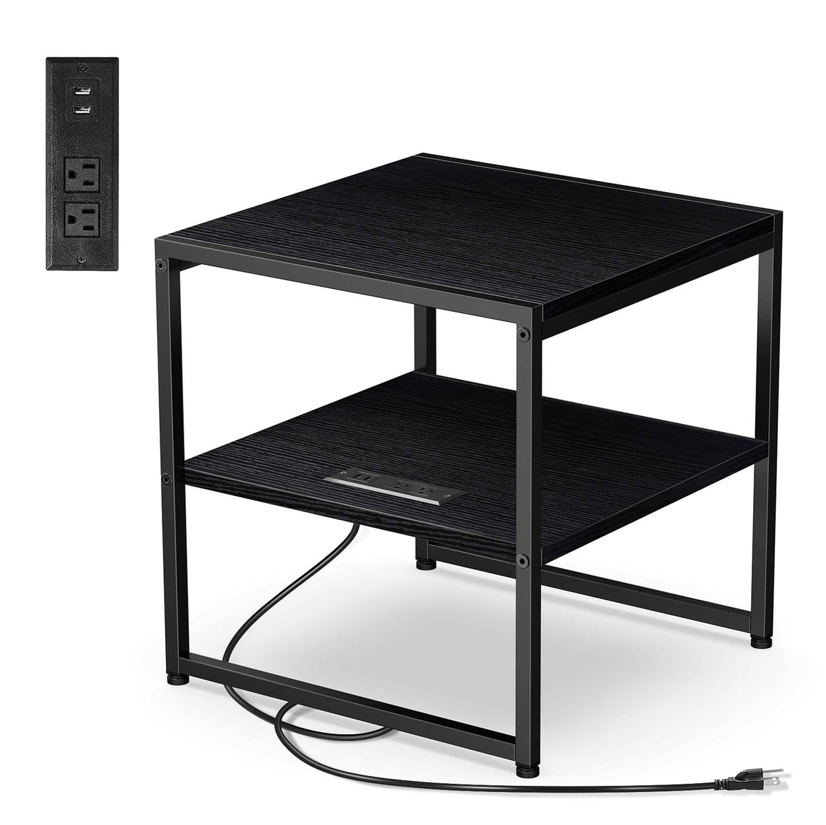 Tatub 20' End Table With Charging Station, Industrial Square Side Table With Usb Ports & Outlets, Versatile 2-Tier Small Nightstand For Bedroom Living Room, Black