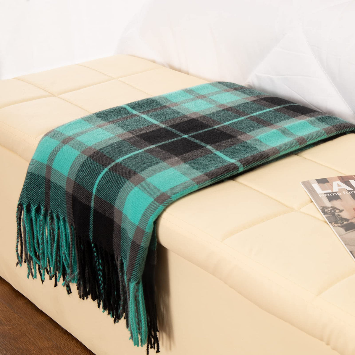 Gealaek Decorative Faux Cashmere Throw Blanket With Fringe Green And Black Plaid Lightweight Fuzzy Soft Cozy Throws For Sofa Bed
