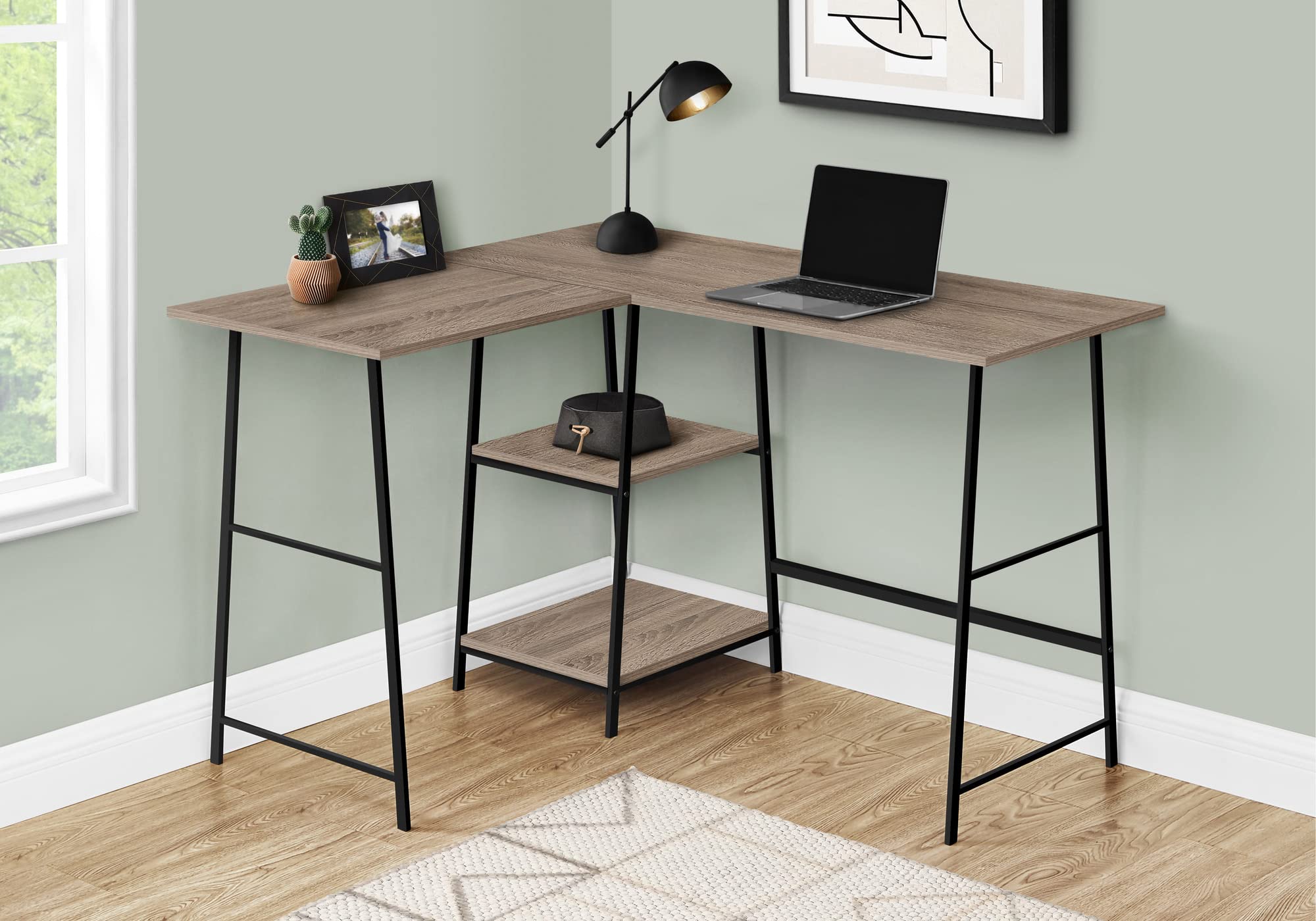 Monarch Specialties 7592 Computer Desk, Home Office, Corner, Storage Shelves, 48' Shape, Work, Laptop, Metal, Laminate, Brown, Contemporary, Modern Desk-48 Top, 42'L x 47.25'W x 30'H, Dark Taupe/Black