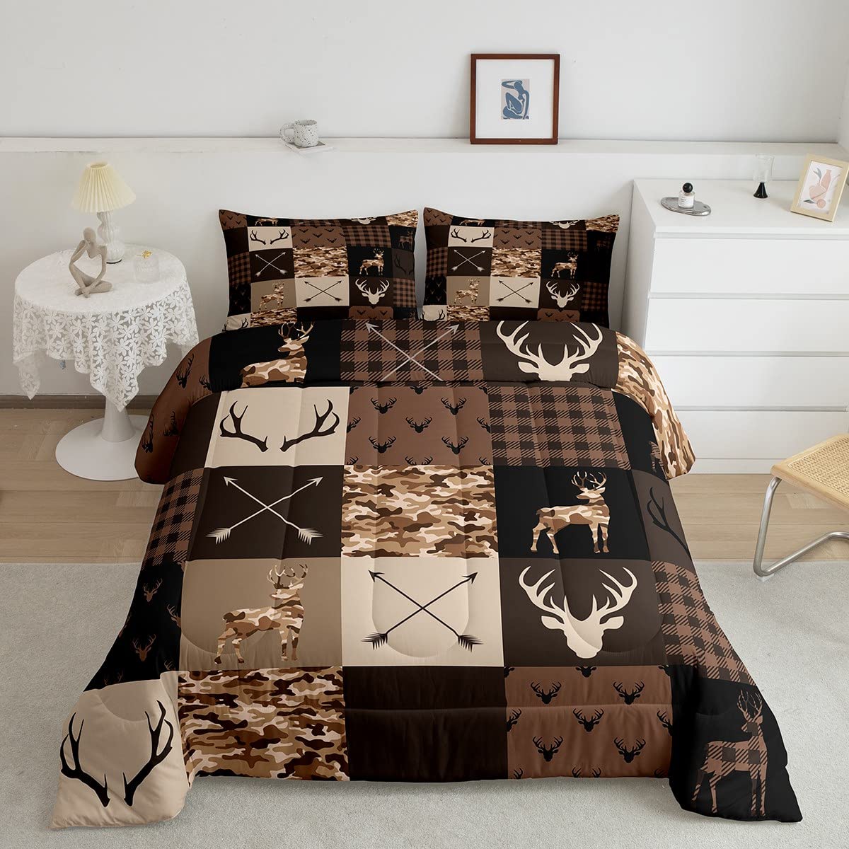 Camo Deer Antlers Kids Comforter Set Twin Size,Animal Arrow Silhouette Bedding Set,Girls Boys Adults Home/Xmas Cabin Decor,Latti