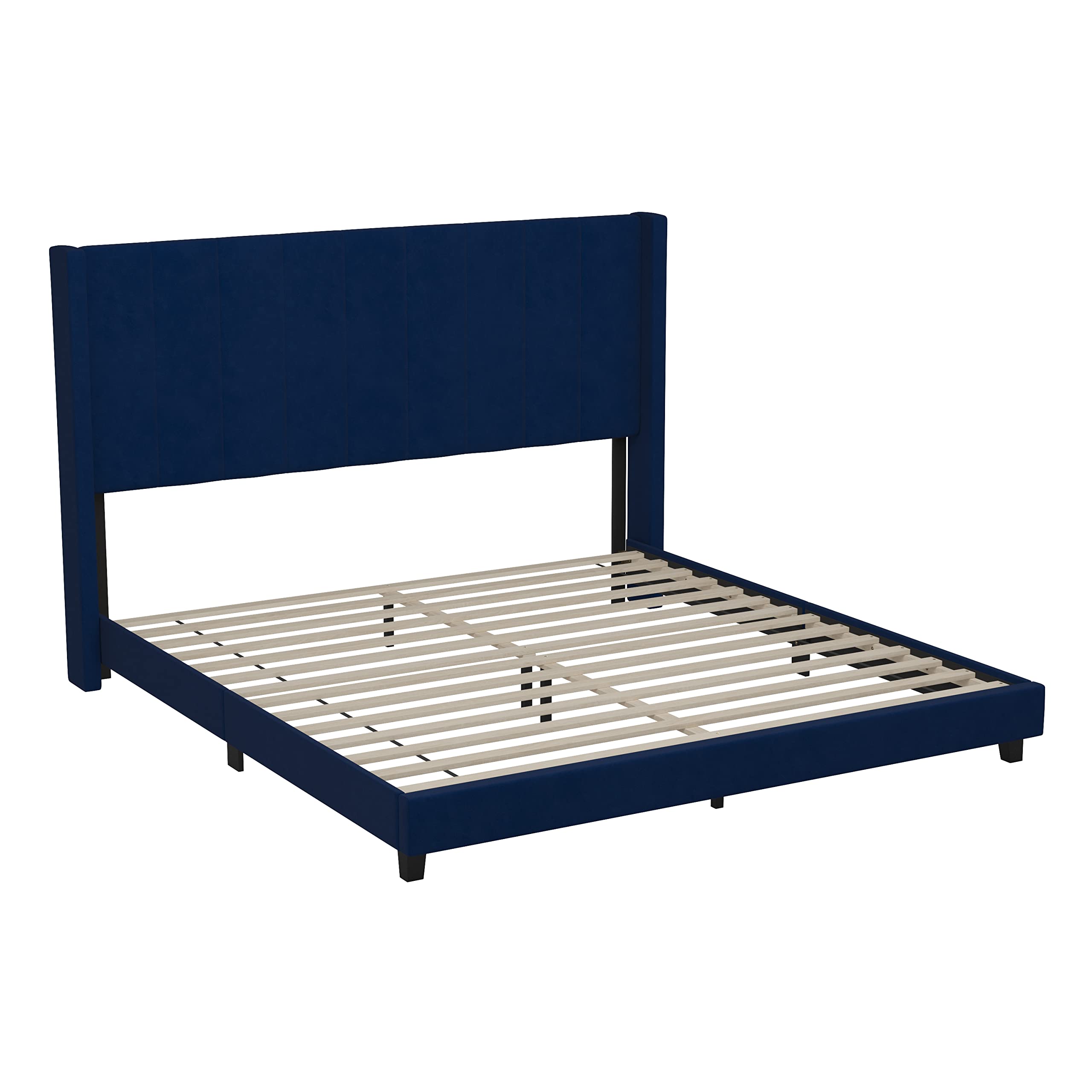 Flash Furniture Bianca Upholstered Platform Bed - Navy Velvet Upholstery - King - Wingback Headboard - Slatted Mattress Foundation - No Box Spring Needed