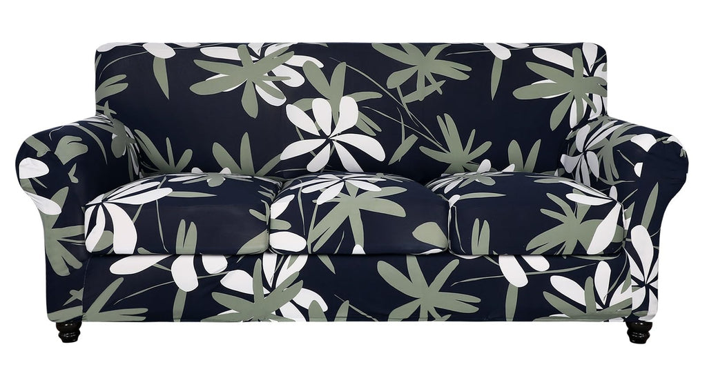 Searchi Stretch Sofa Cover Printed Couch Cover, Floral Pattern 4 Pieces Sofa Slipcover With 3 Separate Cushion Cover, Washable Furniture Protector For Living Room(Sofa, Navy Blue)